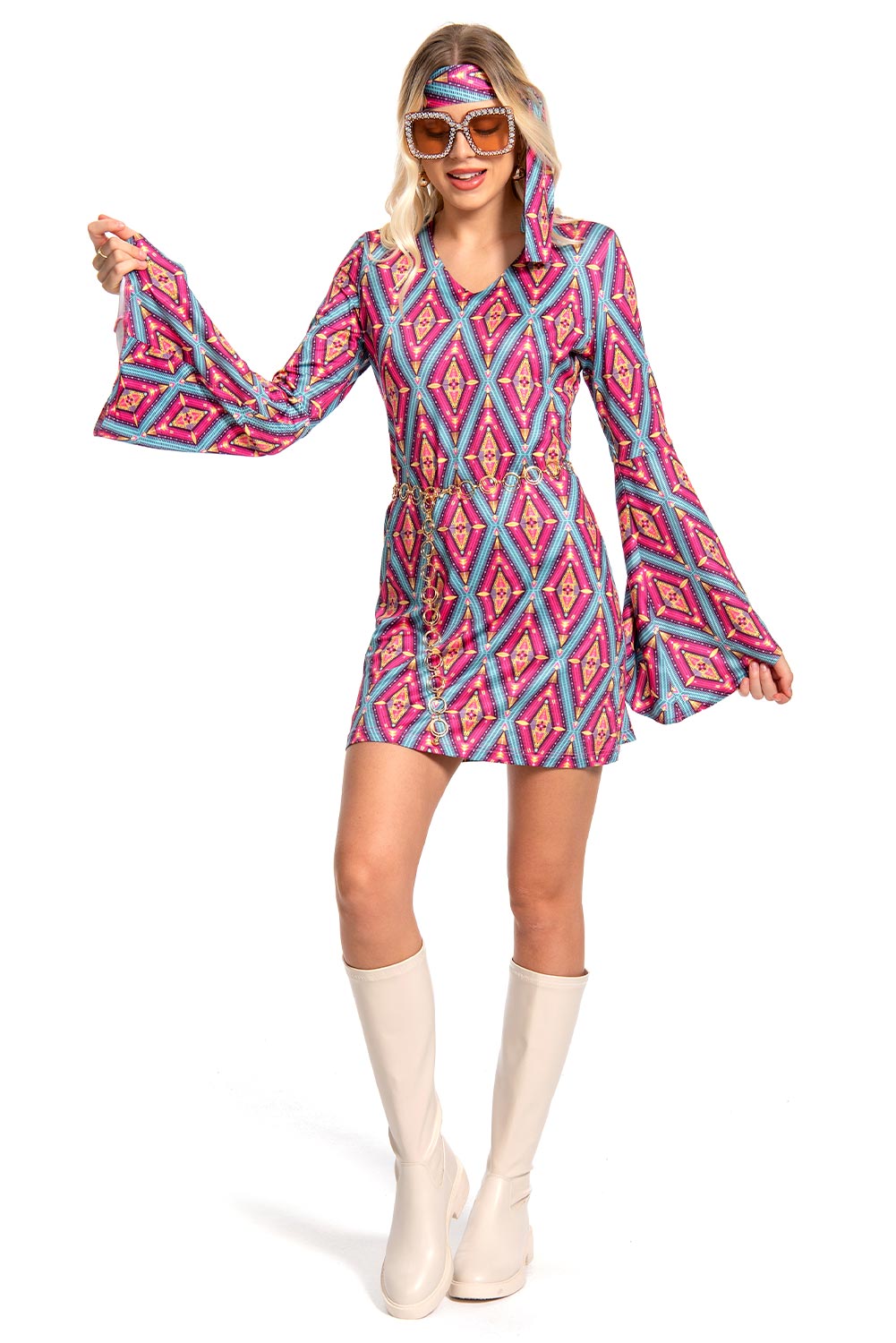 Retro Vintage Women Party Prismatic Print Dress Halloween Carnival Suit