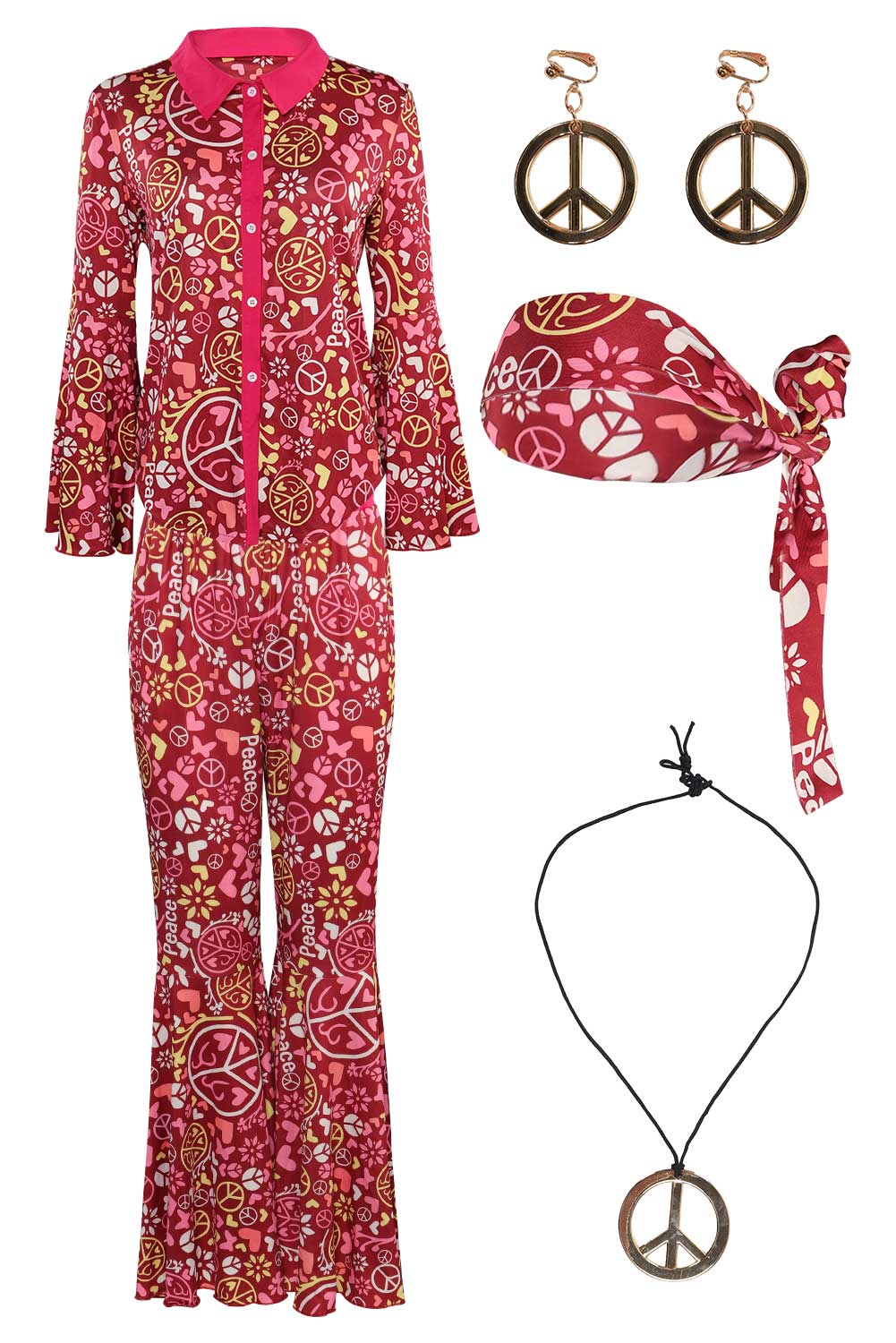 70S Retro Vintage Hippie Women Print Outfits Halloween Carnival Suit