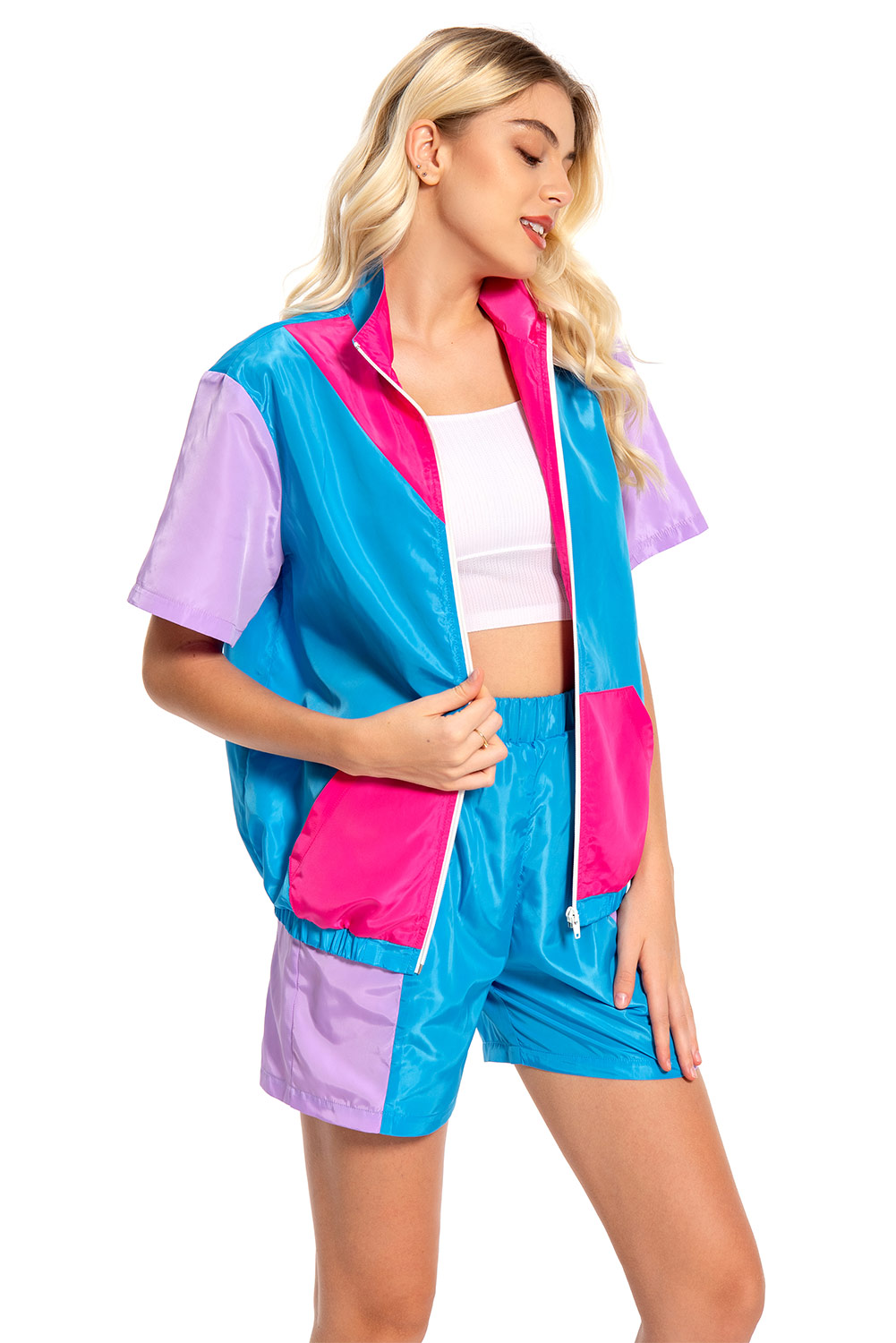80S Retro Vintage Hip-Hop Women Color-Block Sports Short-Sleeved Outfits Halloween Carnival Suit