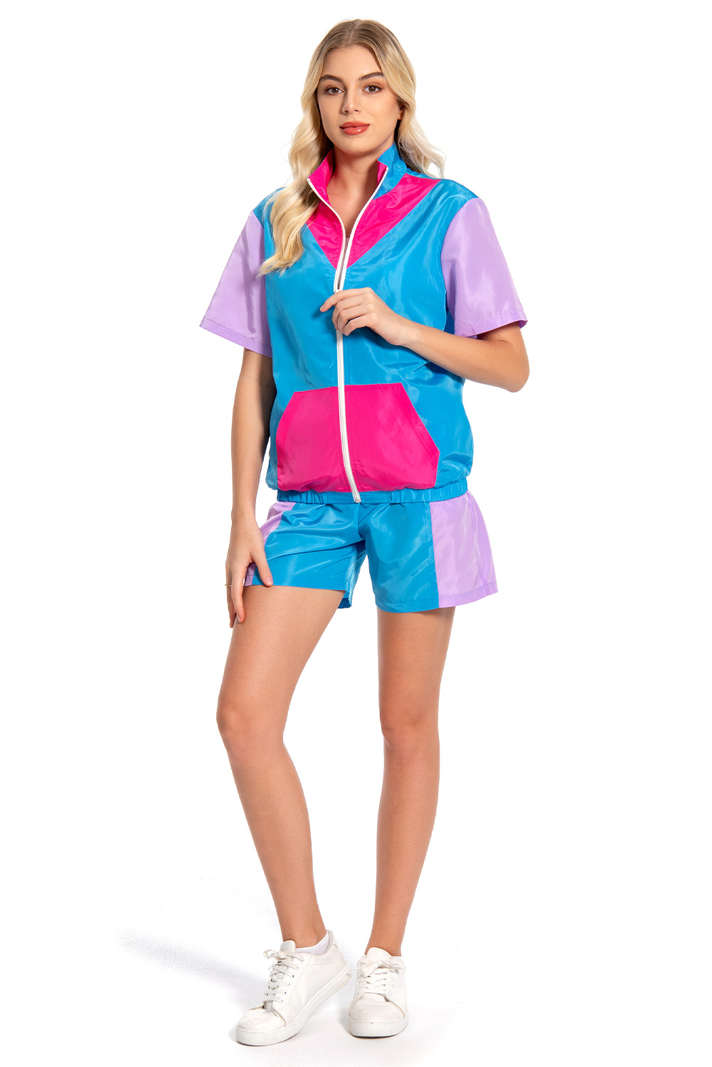 80S Retro Vintage Hip-Hop Women Color-Block Sports Short-Sleeved Outfits Halloween Carnival Suit