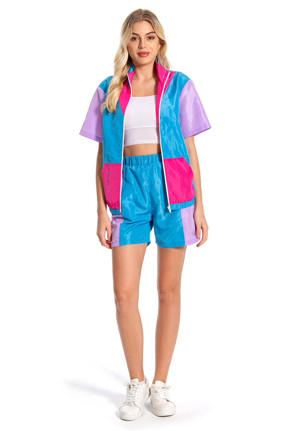 80S Retro Vintage Hip-Hop Women Color-Block Sports Short-Sleeved Outfits Halloween Carnival Suit