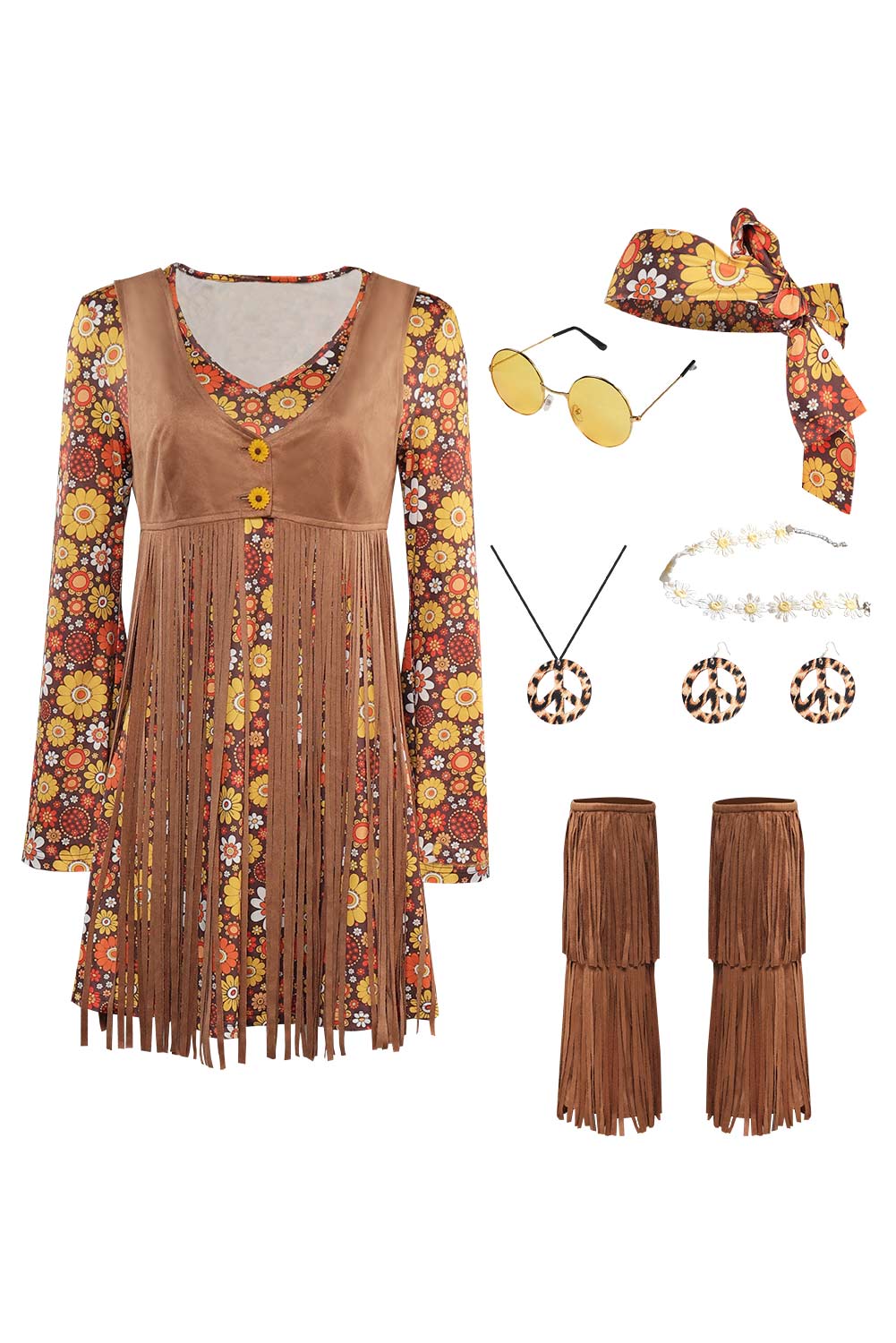 70S Retro Vintage Hippie Women Dress Halloween Carnival Suit