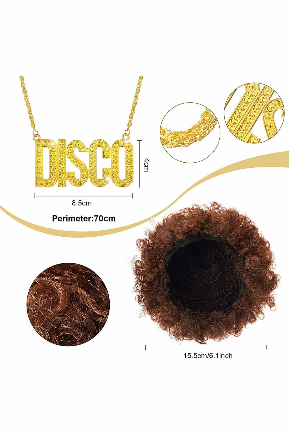 70S Retro Vintage Disco Men Shirt Wig Glassess Necklace Outfits Halloween Carnival Suit