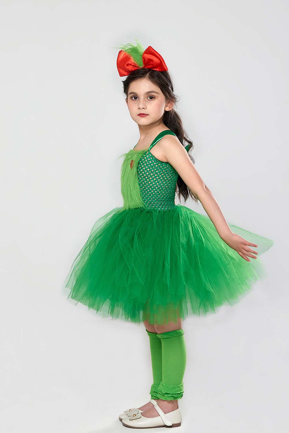 Girls Christmas Green Hairy Monster Tutu Skirt Mesh Skirt Cosplay Costume Halloween Carnival Suit