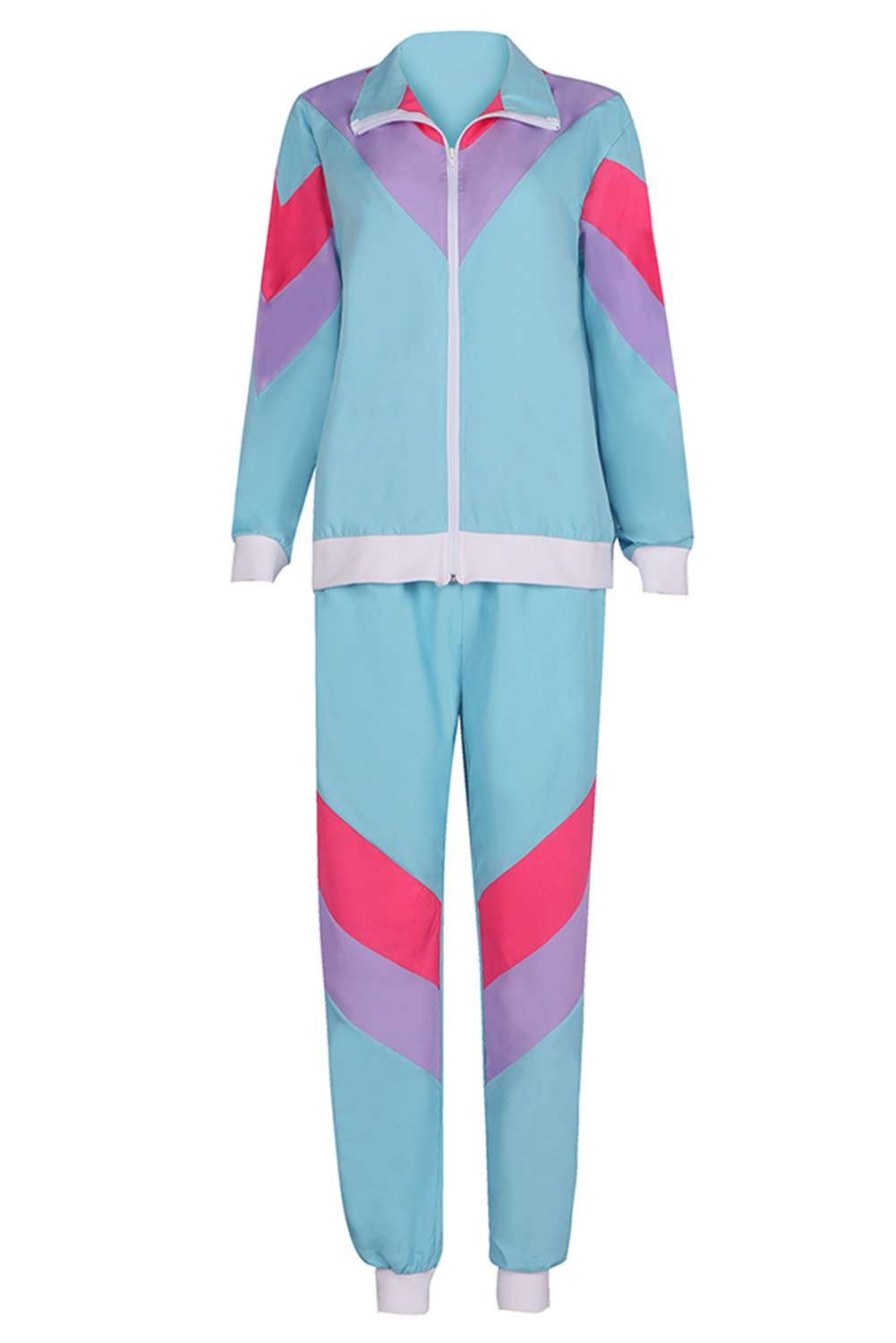 80S Retro Vintage Hip-Hop Disco Stripe Splicing Blue Sportwear Outfits Halloween Carnival Suit