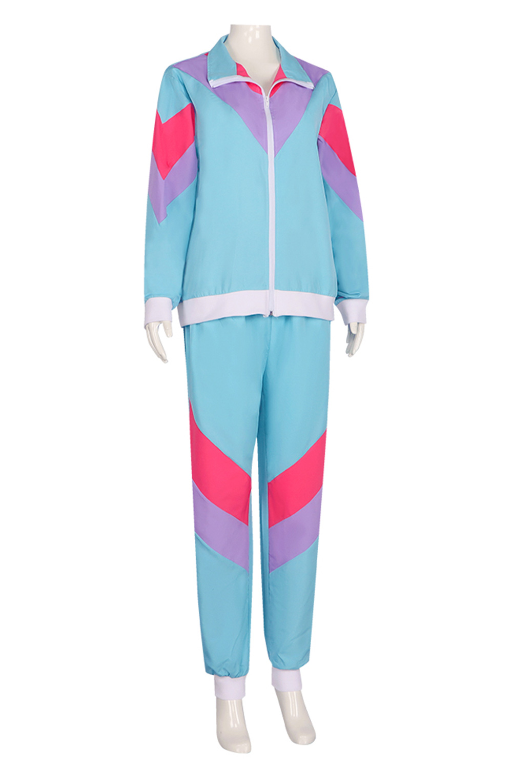 80S Retro Vintage Hip-Hop Disco Stripe Splicing Blue Sportwear Outfits Halloween Carnival Suit