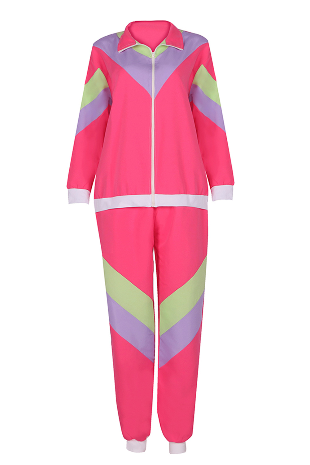80S Retro Vintage Hip-Hop Disco Stripe Splicing Pink Sportwear Outfits Halloween Carnival Suit