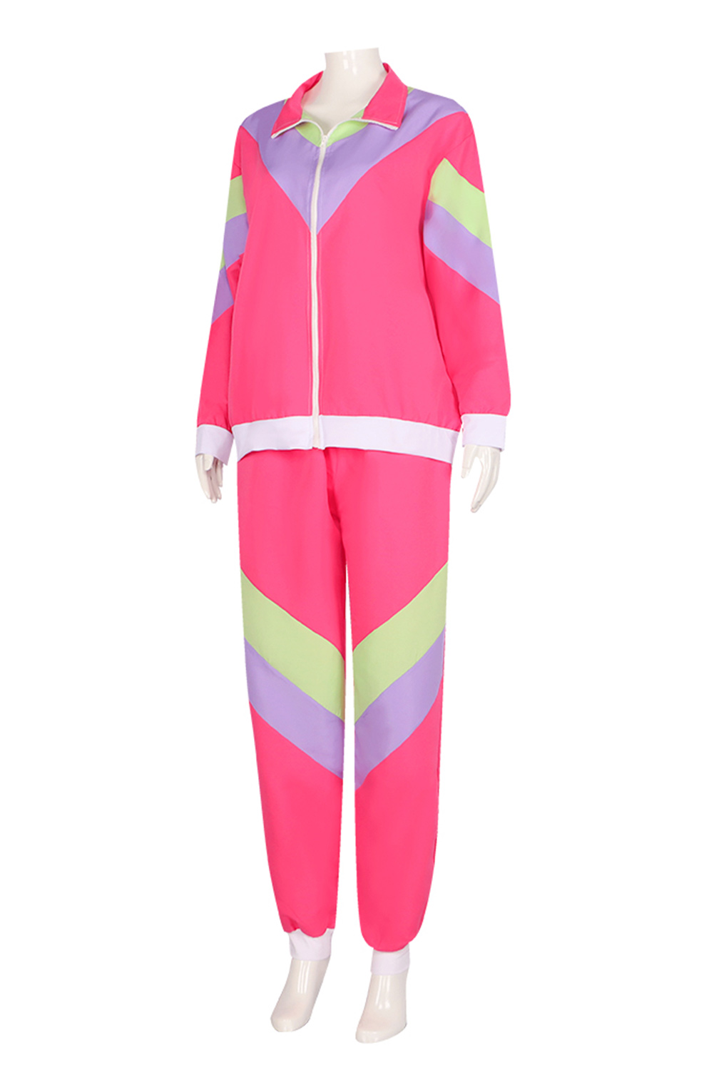 80S Retro Vintage Hip-Hop Disco Stripe Splicing Pink Sportwear Outfits Halloween Carnival Suit