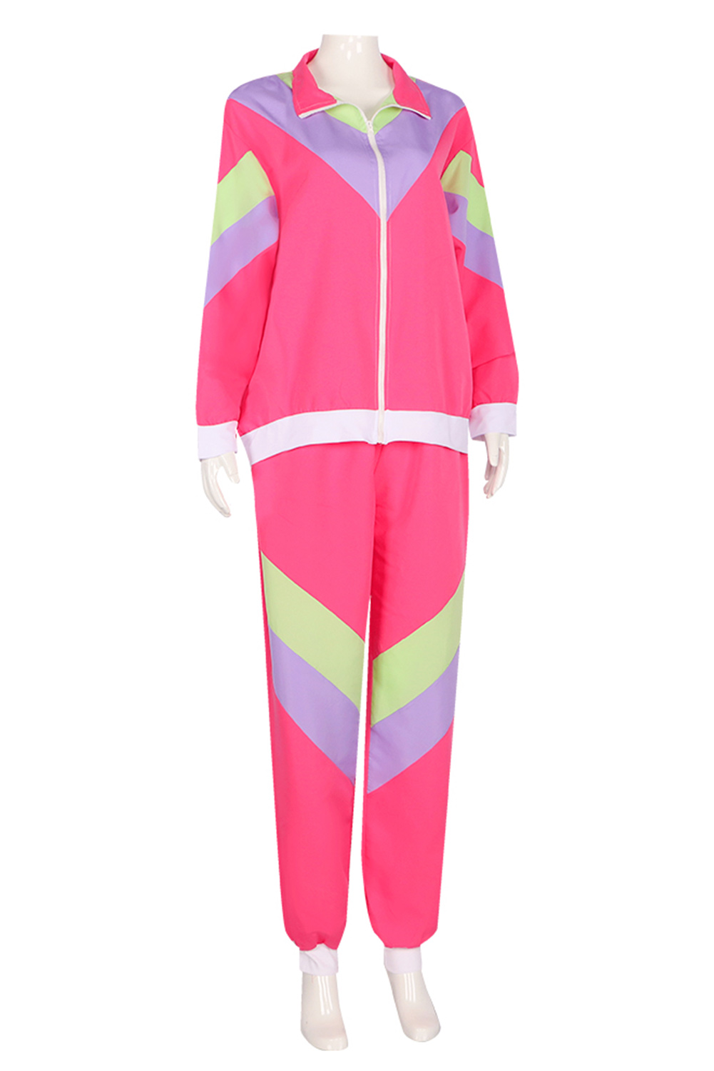80S Retro Vintage Hip-Hop Disco Stripe Splicing Pink Sportwear Outfits Halloween Carnival Suit