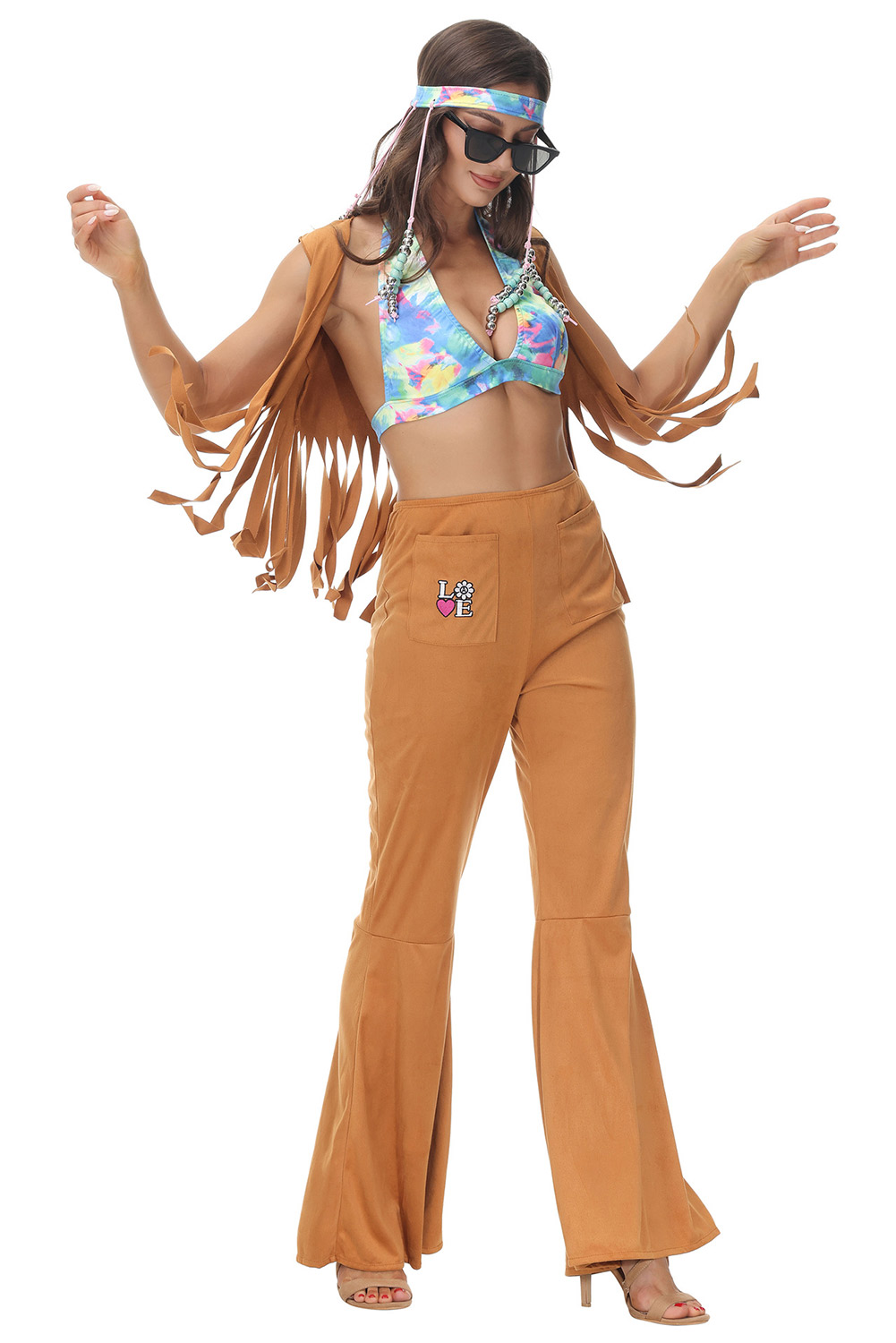 70S Retro Vintage Disco Women Khaki Costume Halloween Carnival Suit