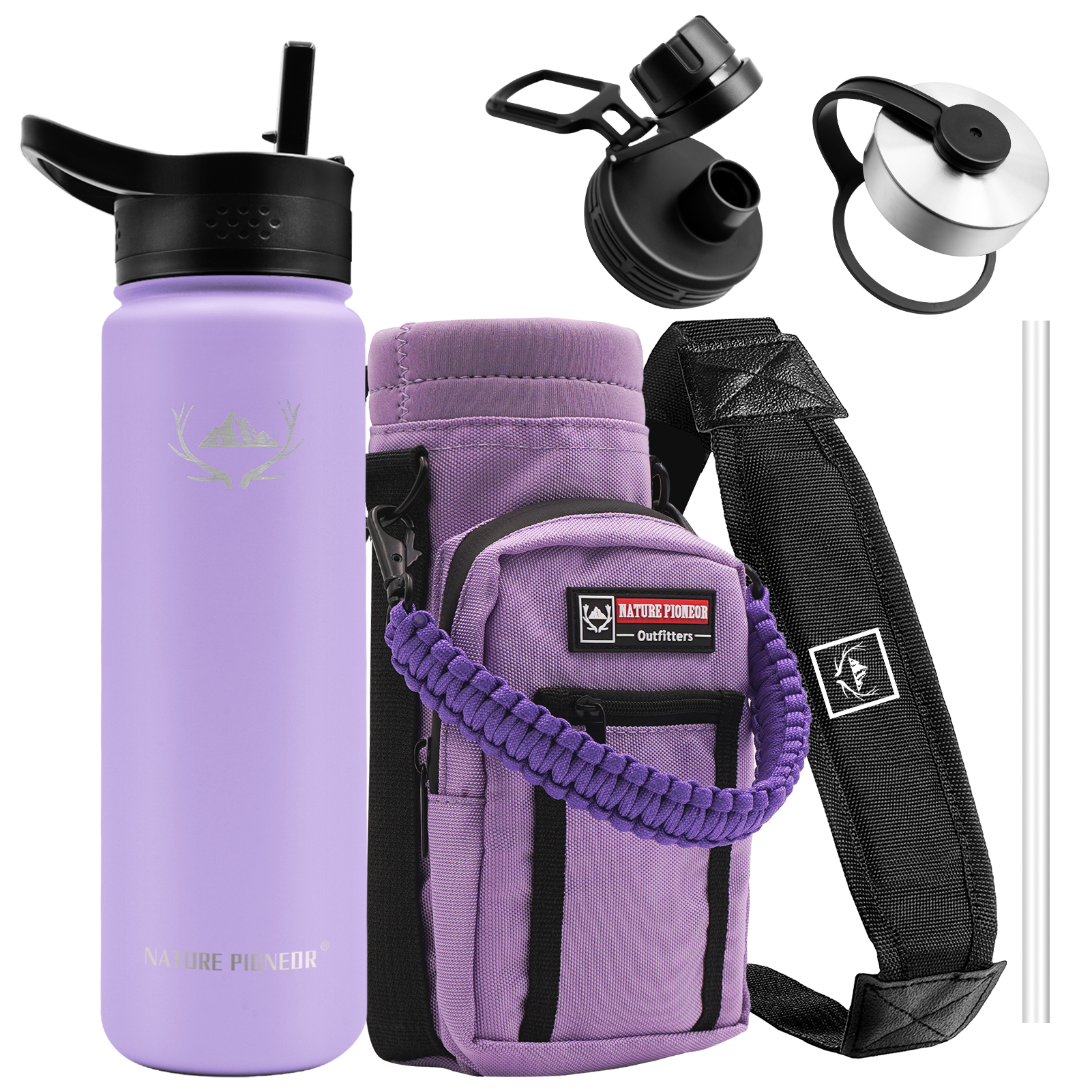 NATURE PIONEOR Insulated Water Bottles with Straw - 24 oz Stainless Steel Vacuum Water Bottle with Holder/Carrier/Sleeve - Reusable 18/8 Food Grade Thermos Water Jug