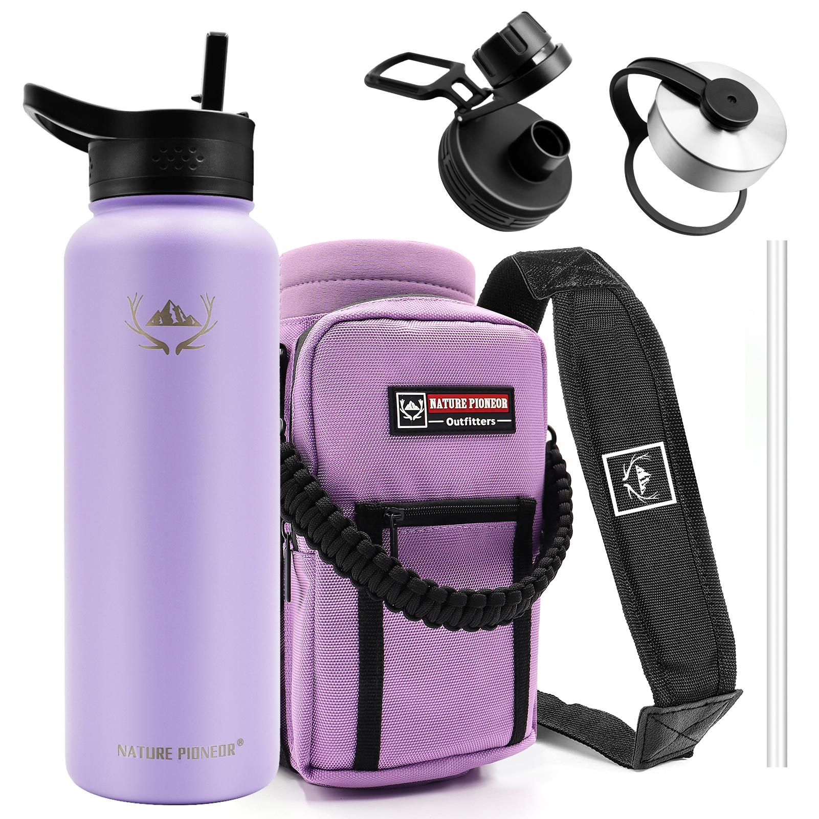 NATURE PIONEOR Insulated Water Bottles with Straw - 40 oz Stainless Steel Vacuum Water Bottle with Holder/Carrier/Sleeve - Reusable 18/8 Food Grade Thermos Water Jug