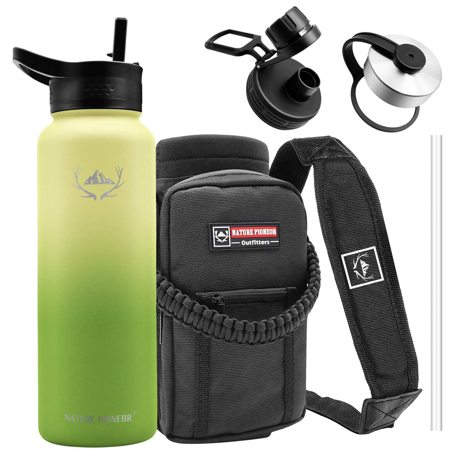 NATURE PIONEOR Insulated Water Bottles with Straw - 40 oz Stainless Steel Vacuum Water Bottle with Holder/Carrier/Sleeve - Reusable 18/8 Food Grade Thermos Water Jug