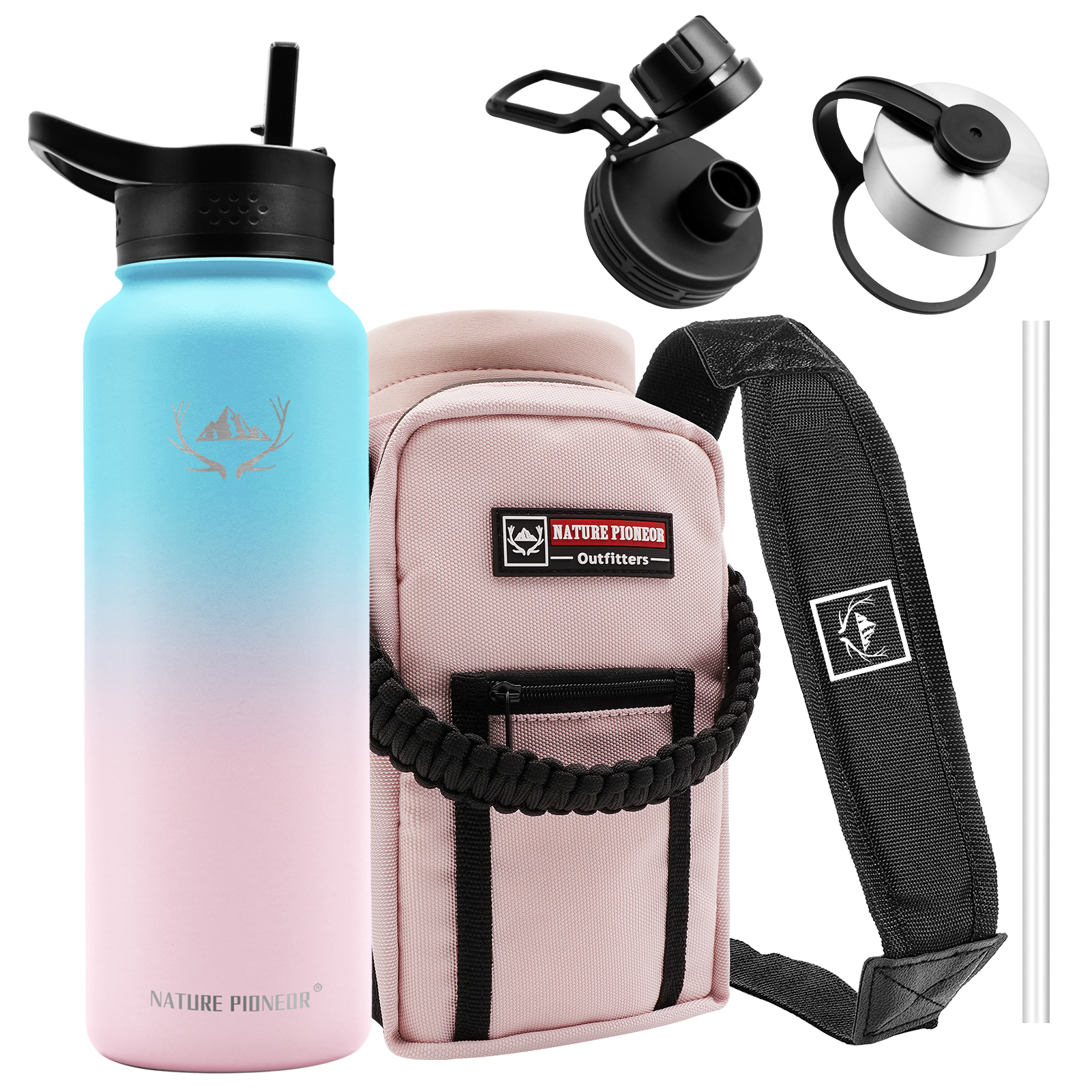 NATURE PIONEOR Insulated Water Bottles with Straw - 40 oz Stainless Steel Vacuum Water Bottle with Holder/Carrier/Sleeve - Reusable 18/8 Food Grade Thermos Water Jug