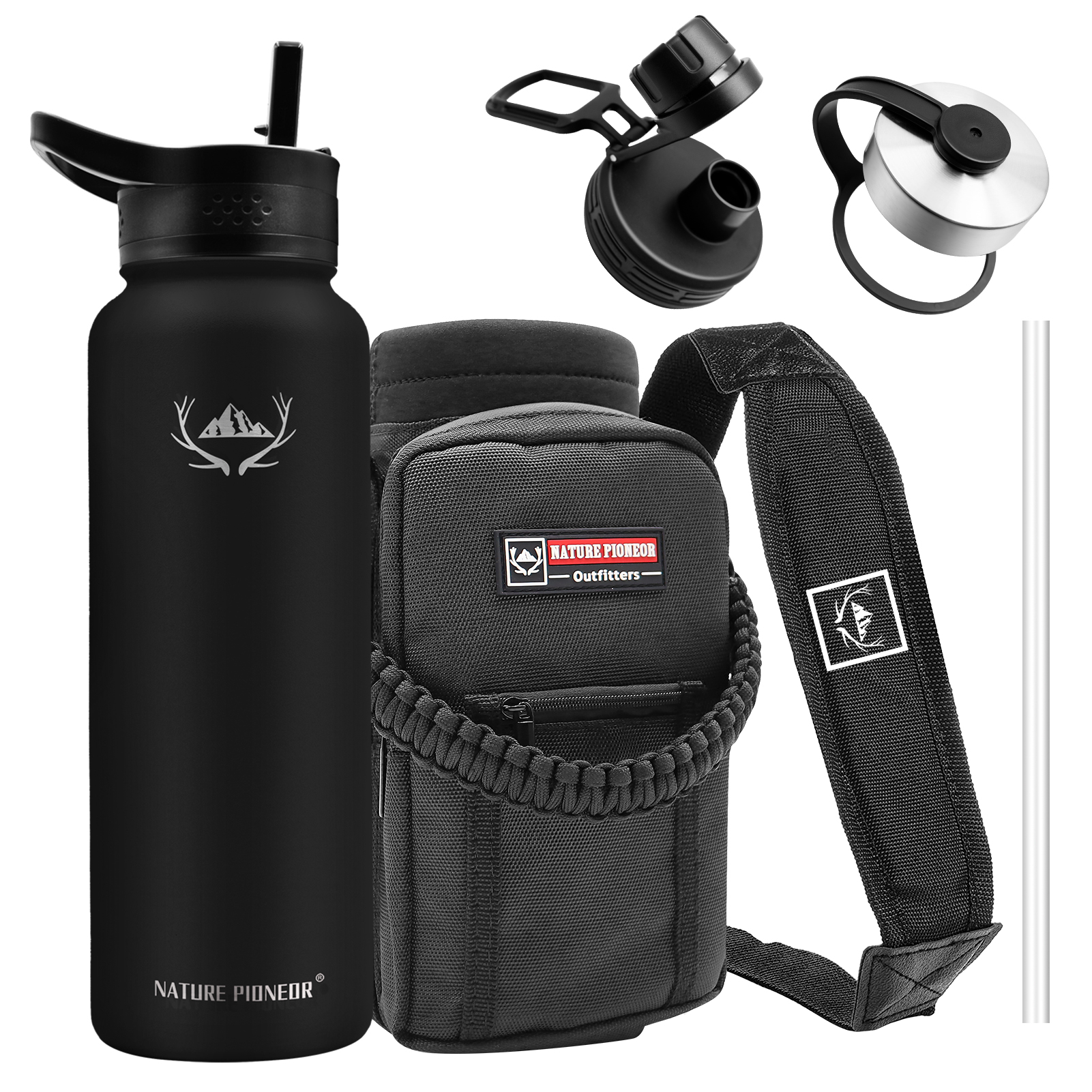 NATURE PIONEOR Insulated Water Bottles with Straw - 40 oz Stainless Steel Vacuum Water Bottle with Holder/Carrier/Sleeve - Reusable 18/8 Food Grade Thermos Water Jug