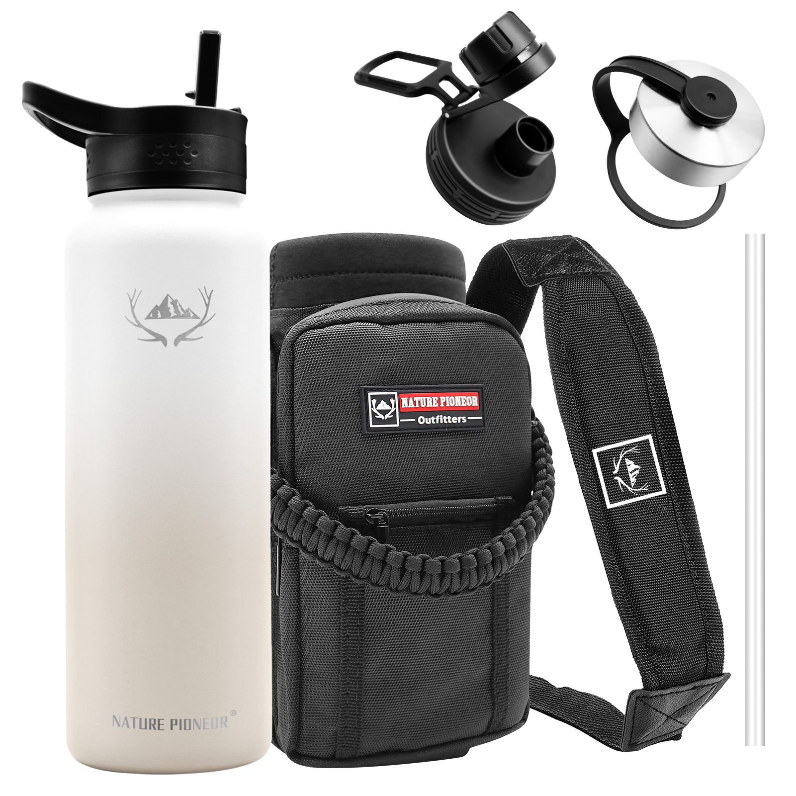NATURE PIONEOR Insulated Water Bottles with Straw - 40 oz Stainless Steel Vacuum Water Bottle with Holder/Carrier/Sleeve - Reusable 18/8 Food Grade Thermos Water Jug