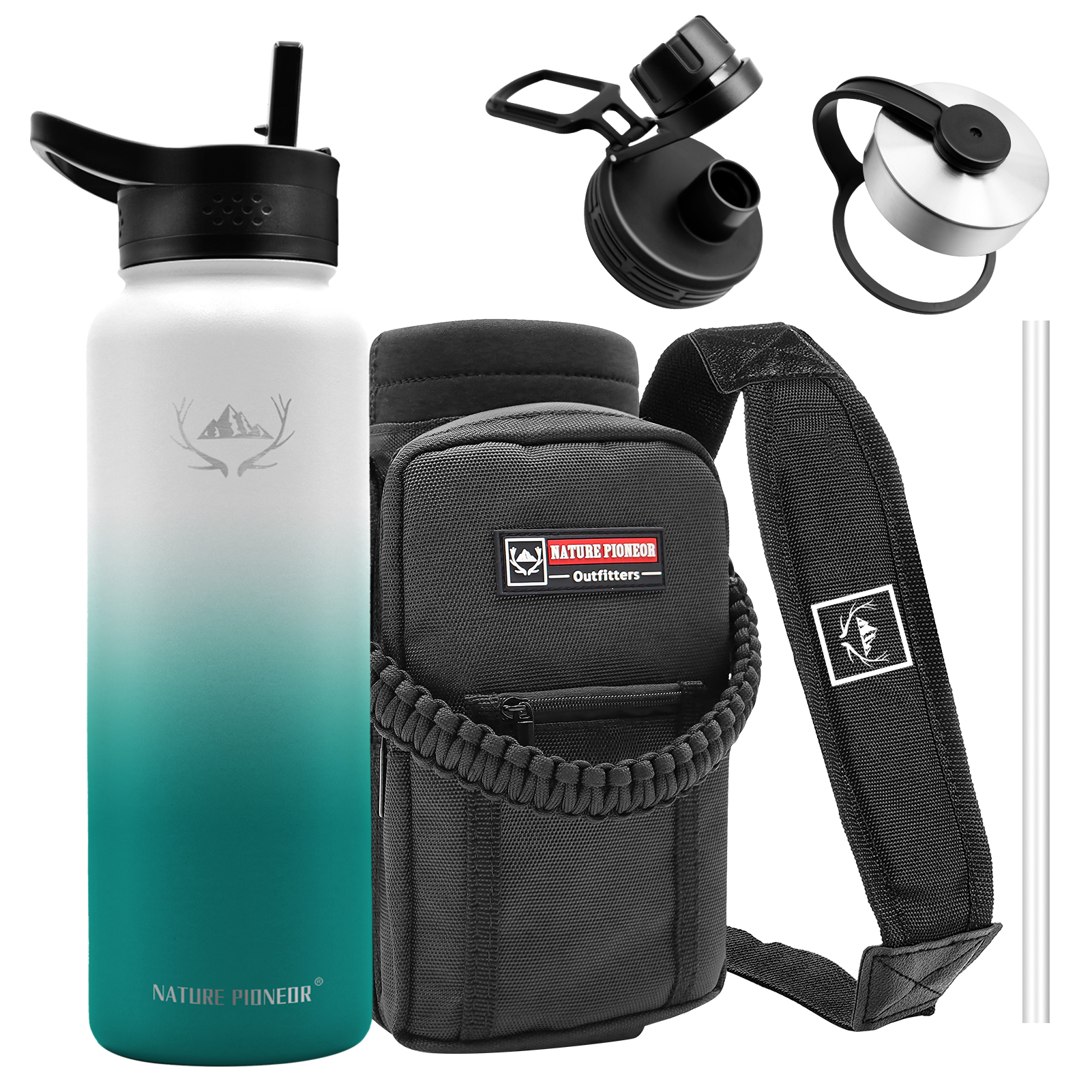 NATURE PIONEOR Insulated Water Bottles with Straw - 40 oz Stainless Steel Vacuum Water Bottle with Holder/Carrier/Sleeve - Reusable 18/8 Food Grade Thermos Water Jug