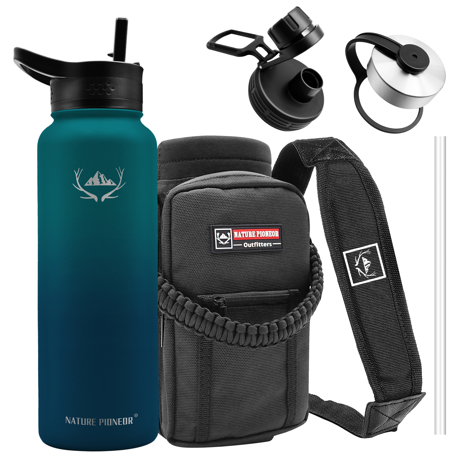 NATURE PIONEOR Insulated Water Bottles with Straw - 40 oz Stainless Steel Vacuum Water Bottle with Holder/Carrier/Sleeve - Reusable 18/8 Food Grade Thermos Water Jug