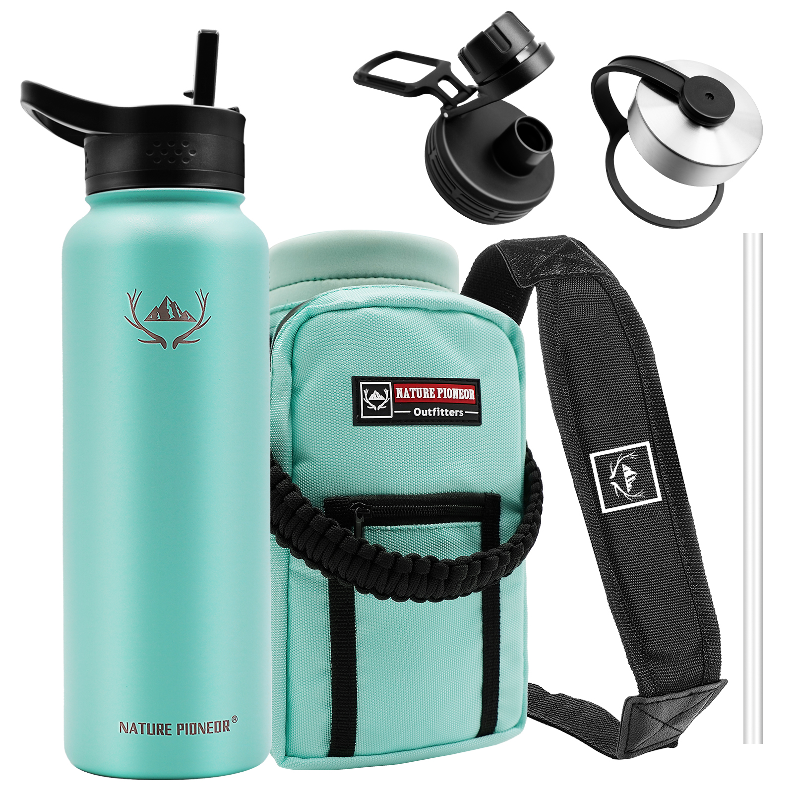 NATURE PIONEOR Insulated Water Bottles with Straw - 40 oz Stainless Steel Vacuum Water Bottle with Holder/Carrier/Sleeve - Reusable 18/8 Food Grade Thermos Water Jug