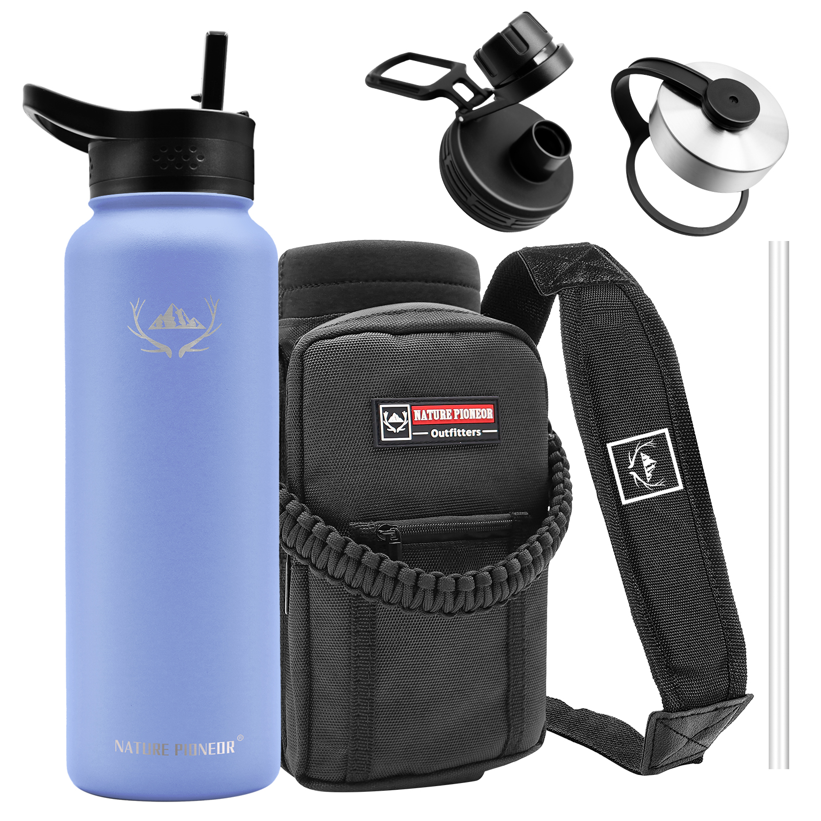 NATURE PIONEOR Insulated Water Bottles with Straw - 40 oz Stainless Steel Vacuum Water Bottle with Holder/Carrier/Sleeve - Reusable 18/8 Food Grade Thermos Water Jug