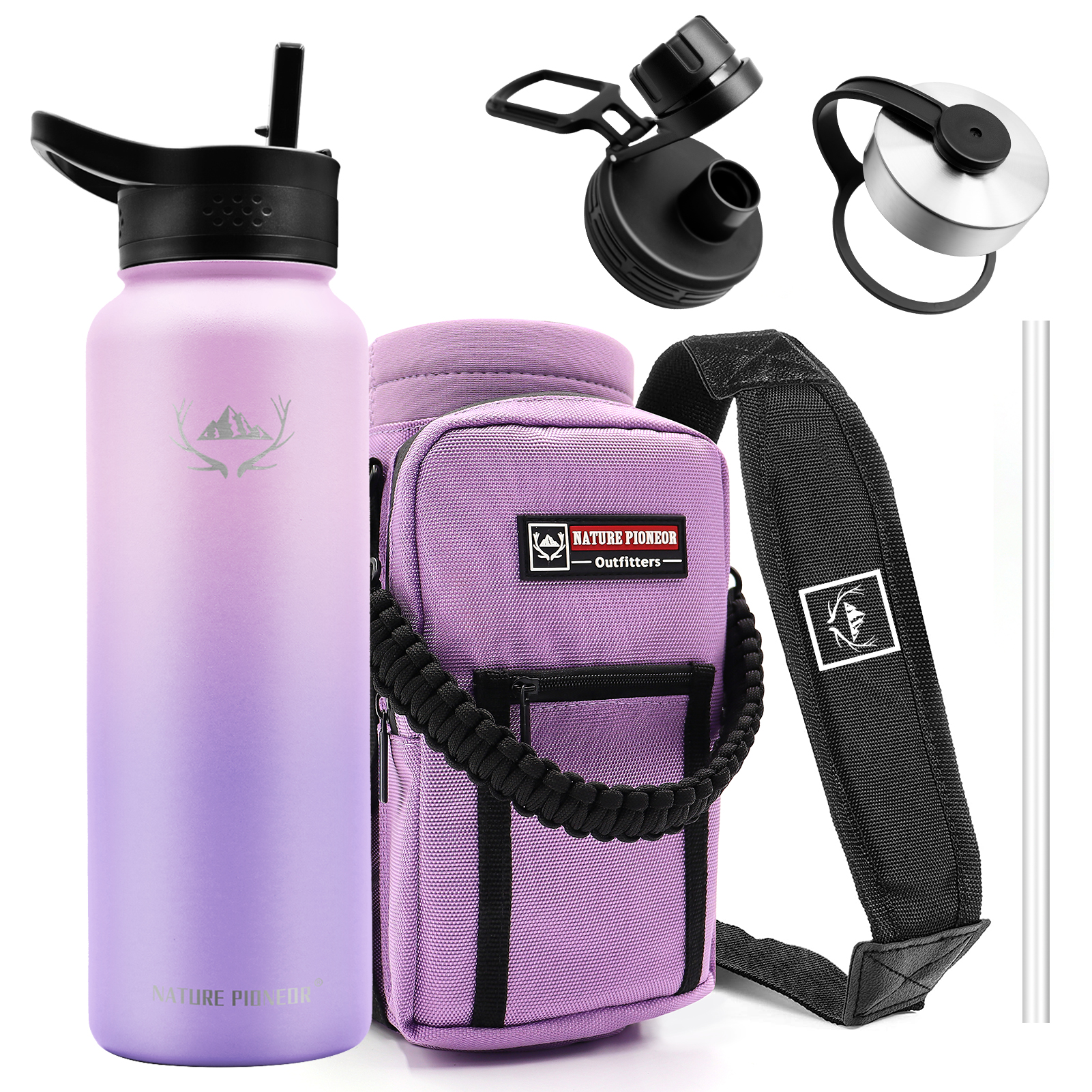NATURE PIONEOR Insulated Water Bottles with Straw - 40 oz Stainless Steel Vacuum Water Bottle with Holder/Carrier/Sleeve - Reusable 18/8 Food Grade Thermos Water Jug