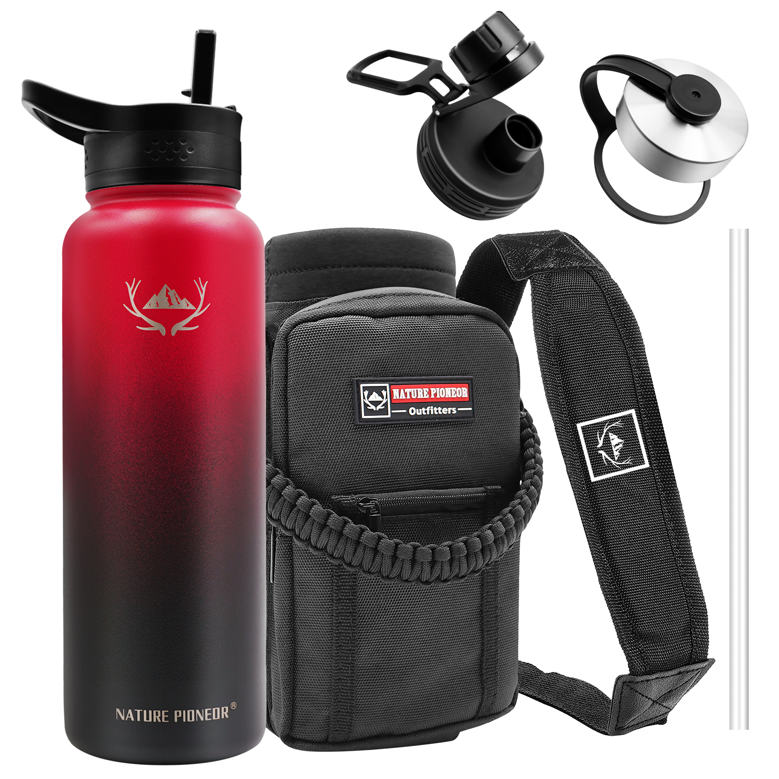 NATURE PIONEOR Insulated Water Bottles with Straw - 40 oz Stainless Steel Vacuum Water Bottle with Holder/Carrier/Sleeve - Reusable 18/8 Food Grade Thermos Water Jug