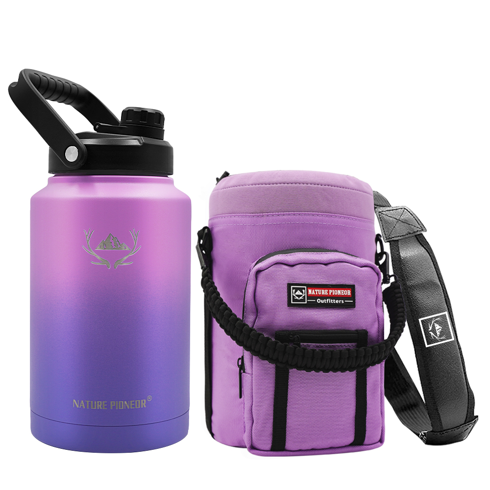 NATURE PIONEOR 128 oz Vacuum Insulated Water Bottle Set with Carrying Holder, 18/8 Food Grade Stainless Steel One Gallon Jug, Beer Growler with Carrier Pouch for Outdoor Camping