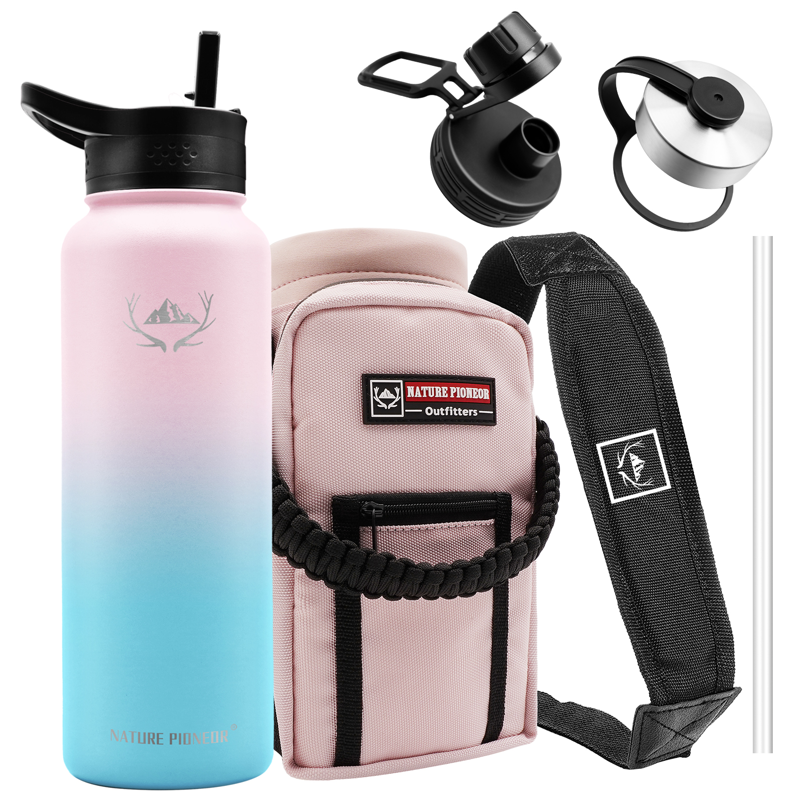 NATURE PIONEOR Insulated Water Bottles with Straw - 40 oz Stainless Steel Vacuum Water Bottle with Holder/Carrier/Sleeve - Reusable 18/8 Food Grade Thermos Water Jug