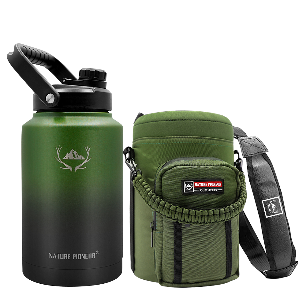 NATURE PIONEOR 128 oz Vacuum Insulated Water Bottle Set with Carrying Holder, 18/8 Food Grade Stainless Steel One Gallon Jug, Beer Growler with Carrier Pouch for Outdoor Camping