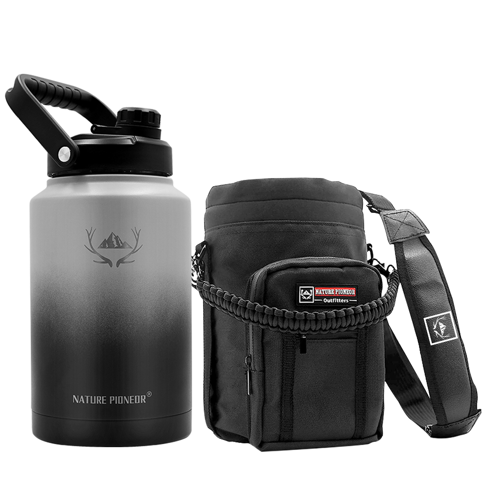 NATURE PIONEOR 128 oz Vacuum Insulated Water Bottle Set with Carrying Holder, 18/8 Food Grade Stainless Steel One Gallon Jug, Beer Growler with Carrier Pouch for Outdoor Camping