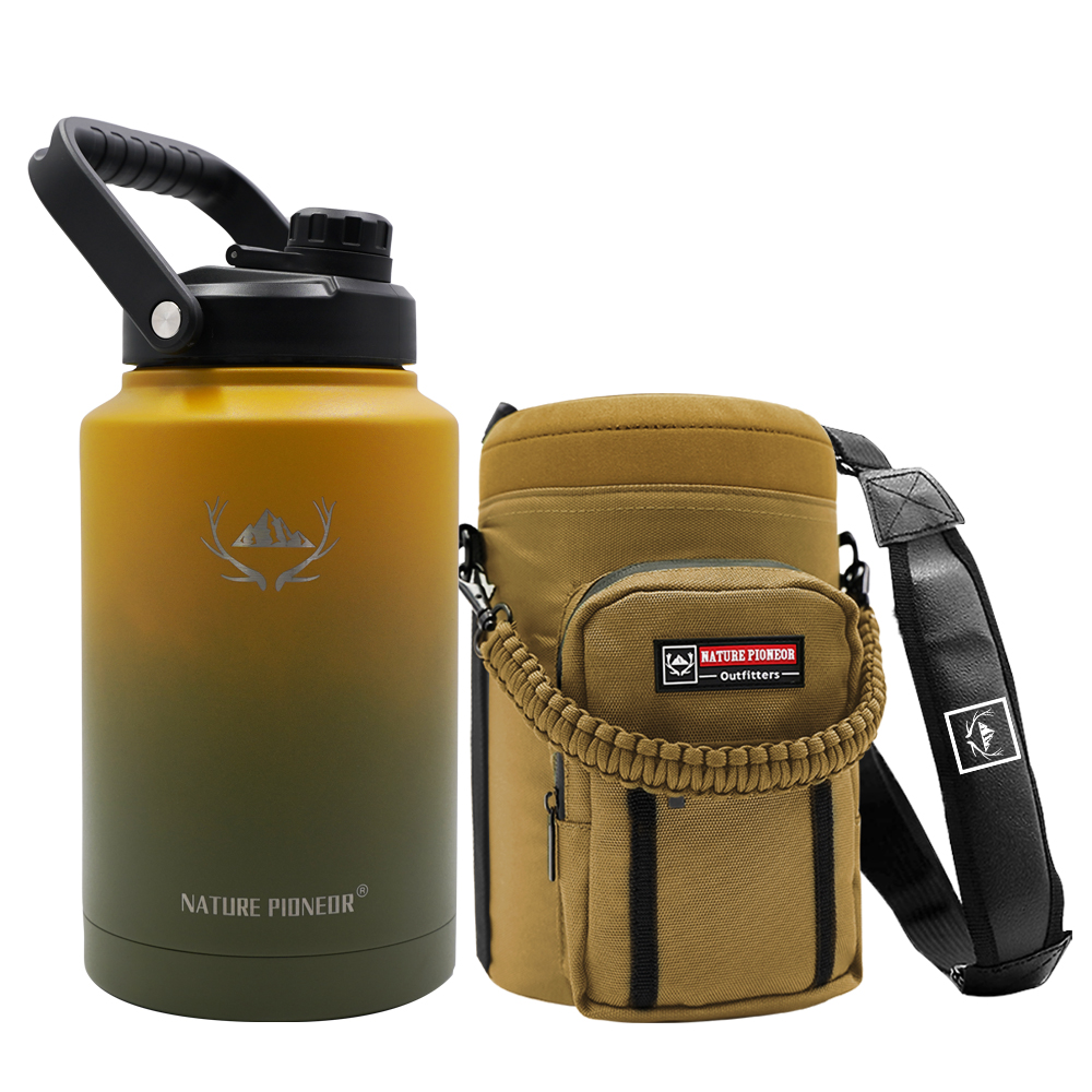 NATURE PIONEOR 128 oz Vacuum Insulated Water Bottle Set with Carrying Holder, 18/8 Food Grade Stainless Steel One Gallon Jug, Beer Growler with Carrier Pouch for Outdoor Camping