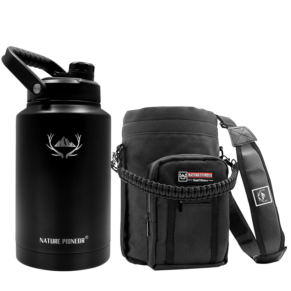 NATURE PIONEOR 128 oz Vacuum Insulated Water Bottle Set with Carrying Holder, 18/8 Food Grade Stainless Steel One Gallon Jug, Beer Growler with Carrier Pouch for Outdoor Camping