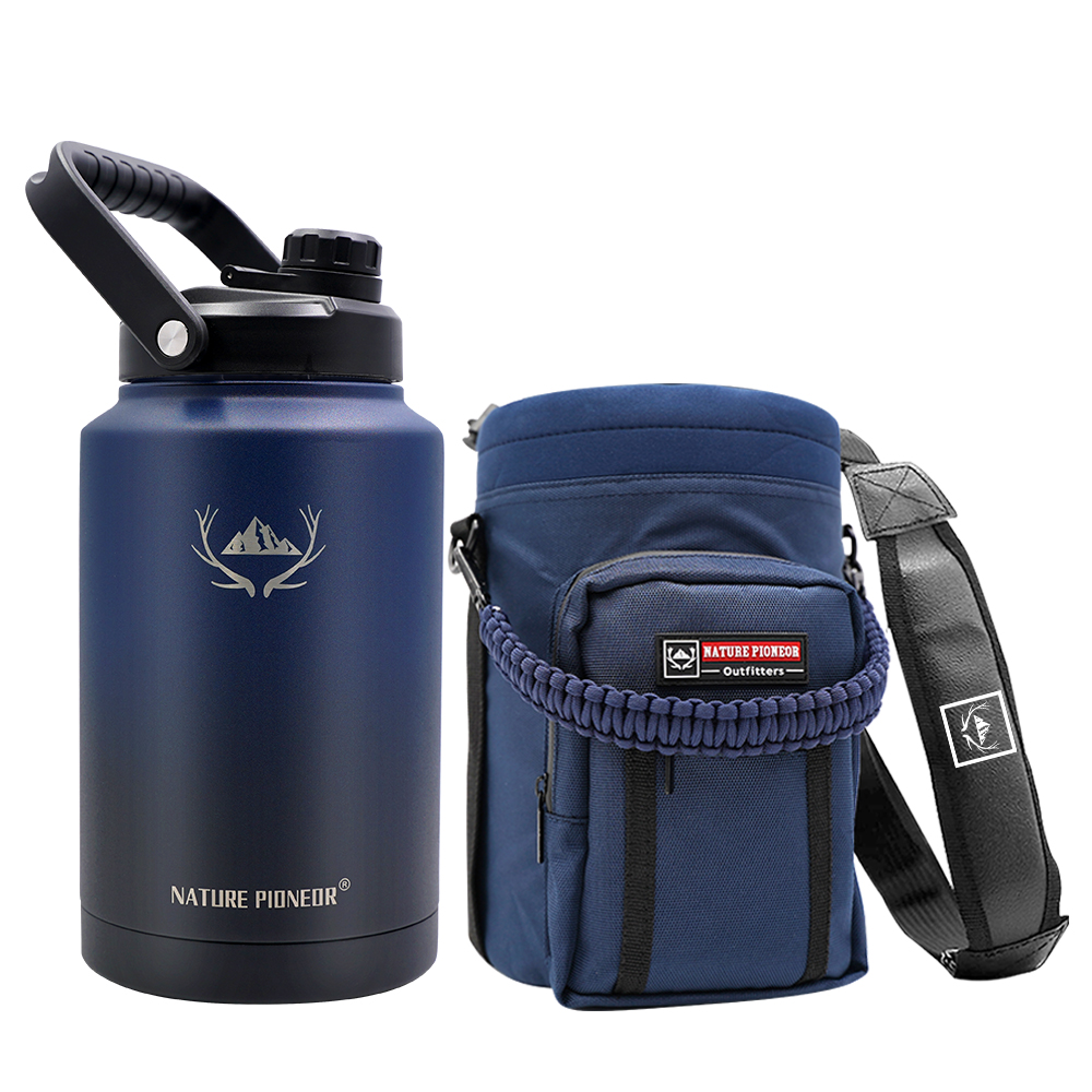 NATURE PIONEOR 128 oz Vacuum Insulated Water Bottle Set with Carrying Holder, 18/8 Food Grade Stainless Steel One Gallon Jug, Beer Growler with Carrier Pouch for Outdoor Camping