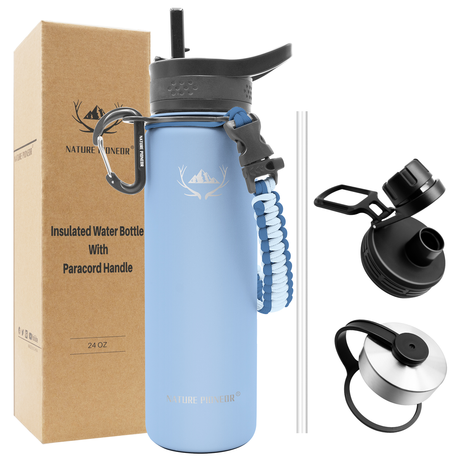 NATURE PIONEOR Insulated Water Bottles with Paracord Handle - 24 oz Vacuum Sports Wide Mouth Water Bottle with 3 Lids, Leak Proof Stainless Steel Keeps Hot and Cold
