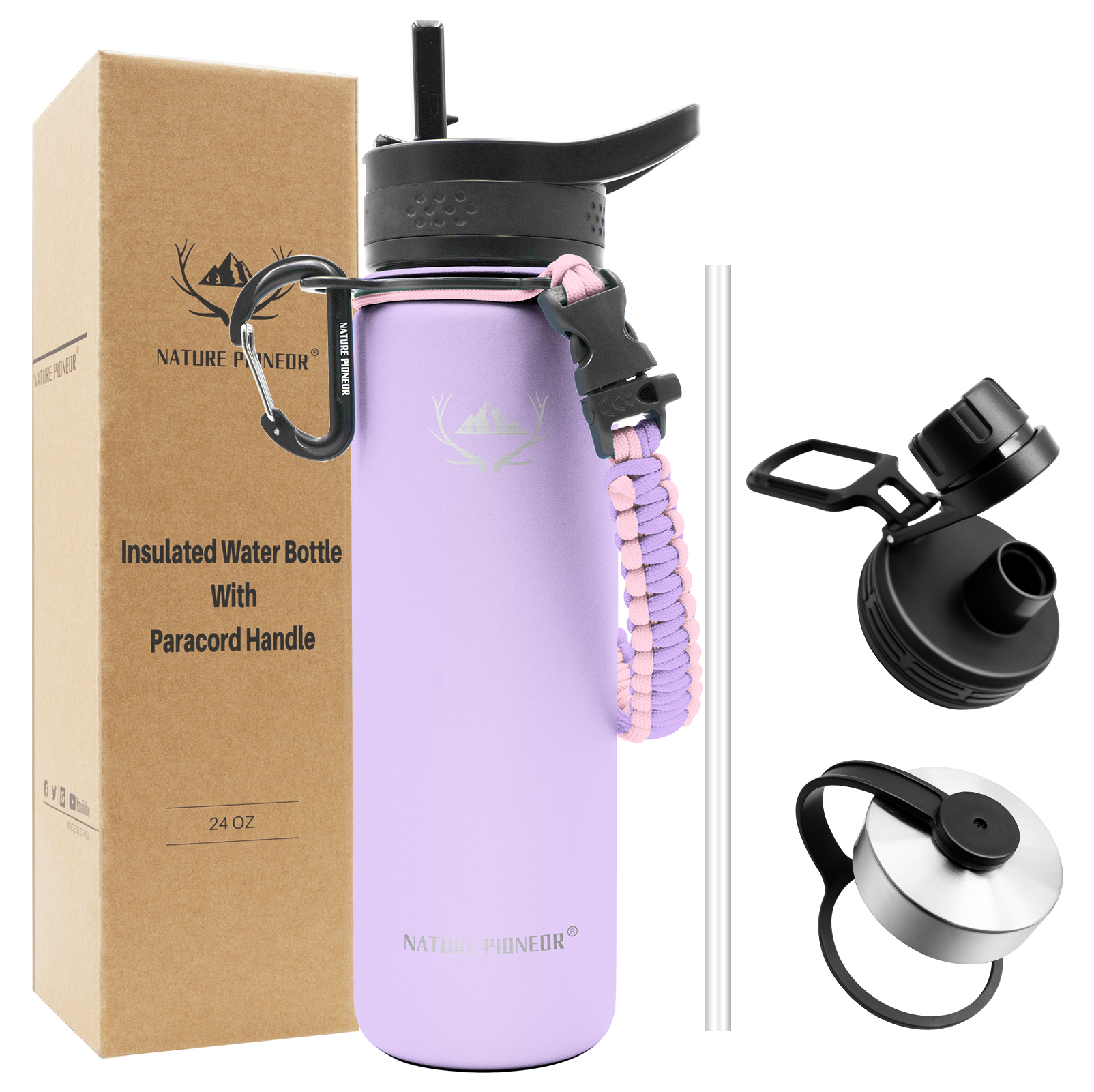 NATURE PIONEOR Insulated Water Bottles with Paracord Handle - 24 oz Vacuum Sports Wide Mouth Water Bottle with 3 Lids, Leak Proof Stainless Steel Keeps Hot and Cold