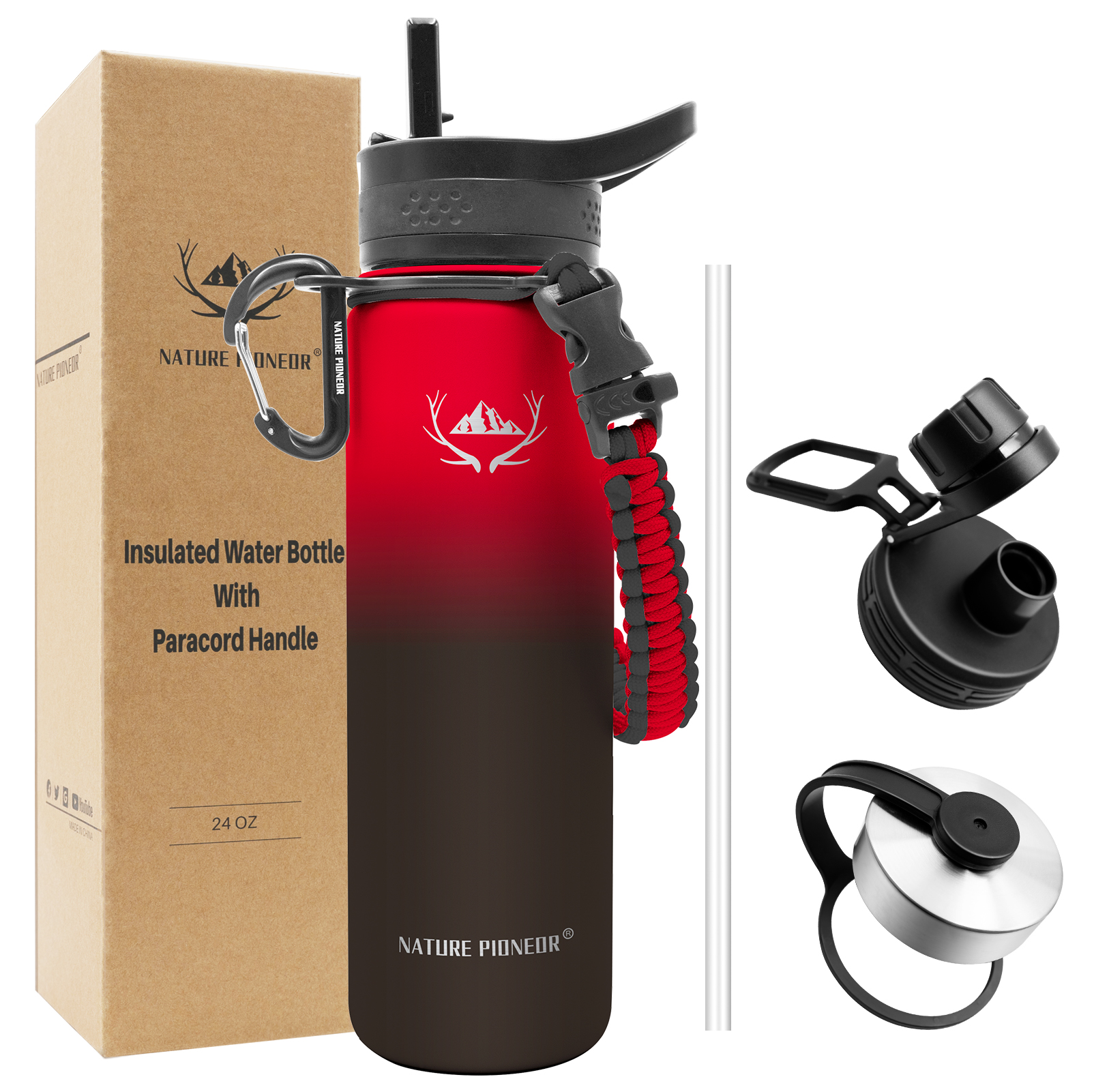 NATURE PIONEOR Insulated Water Bottles with Paracord Handle - 24 oz Vacuum Sports Wide Mouth Water Bottle with 3 Lids, Leak Proof Stainless Steel Keeps Hot and Cold