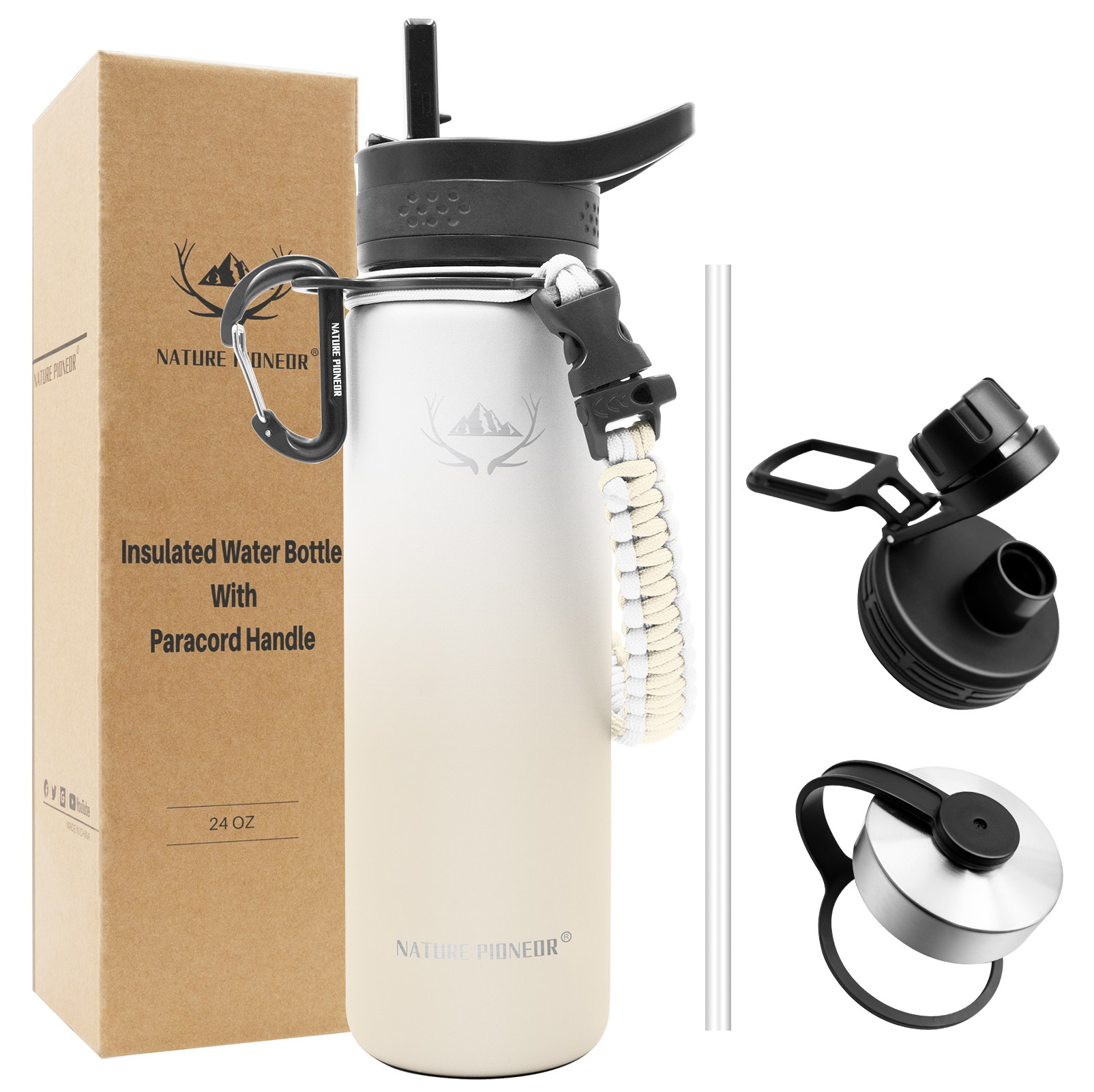 NATURE PIONEOR Insulated Water Bottles with Paracord Handle - 24 oz Vacuum Sports Wide Mouth Water Bottle with 3 Lids, Leak Proof Stainless Steel Keeps Hot and Cold