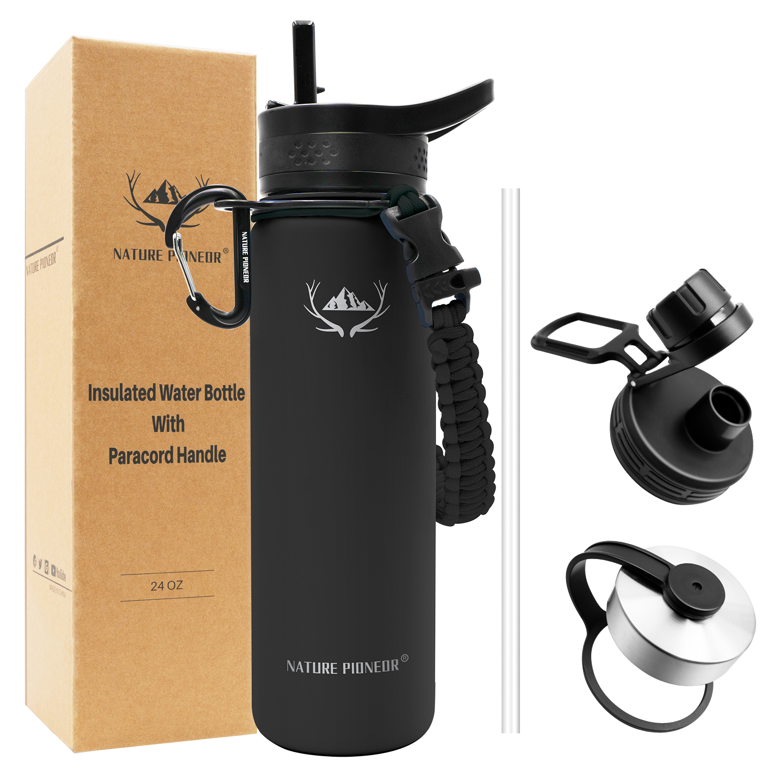 NATURE PIONEOR Insulated Water Bottles with Paracord Handle - 24 oz Vacuum Sports Wide Mouth Water Bottle with 3 Lids, Leak Proof Stainless Steel Keeps Hot and Cold