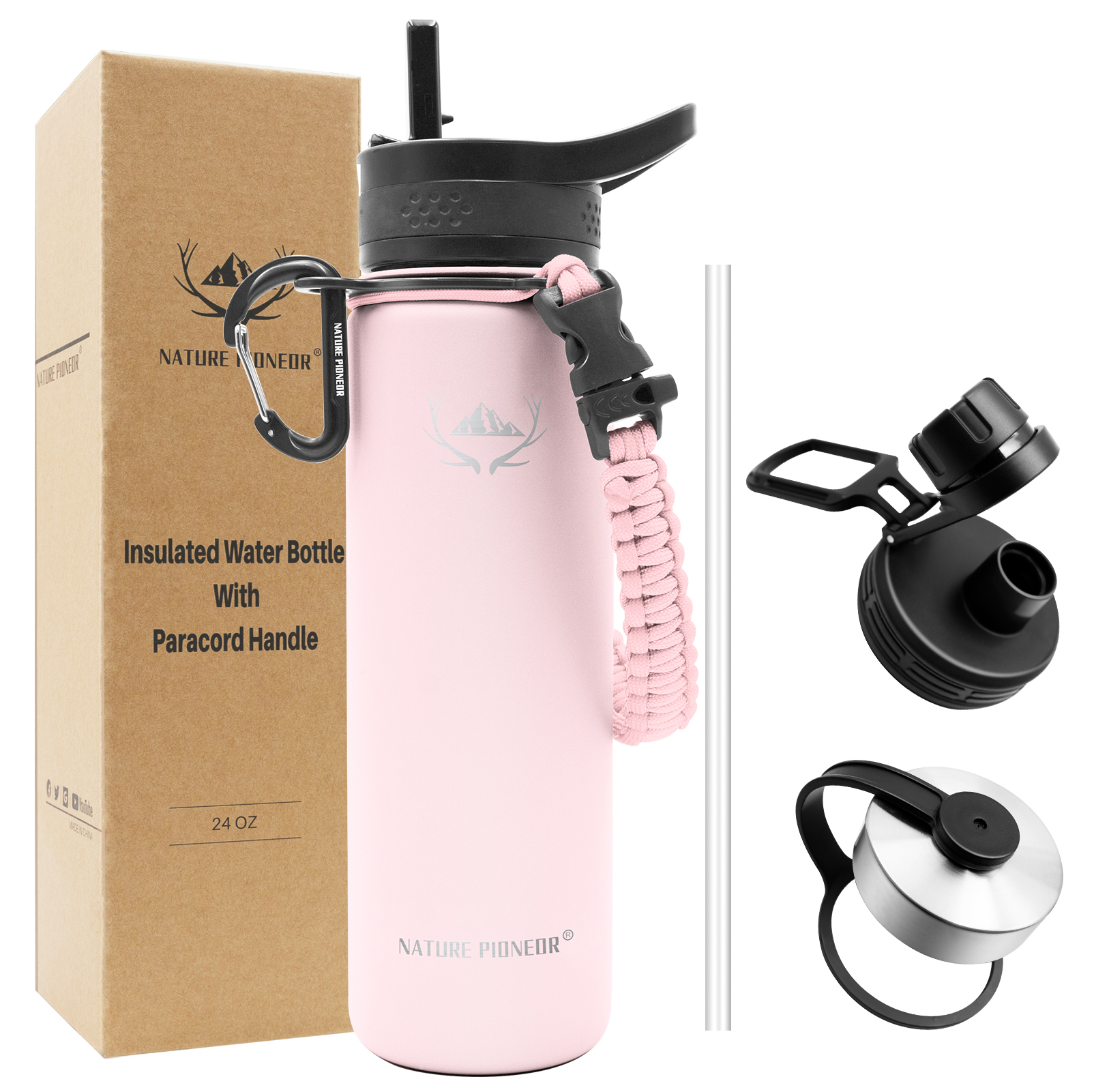 NATURE PIONEOR Insulated Water Bottles with Paracord Handle - 24 oz Vacuum Sports Wide Mouth Water Bottle with 3 Lids, Leak Proof Stainless Steel Keeps Hot and Cold