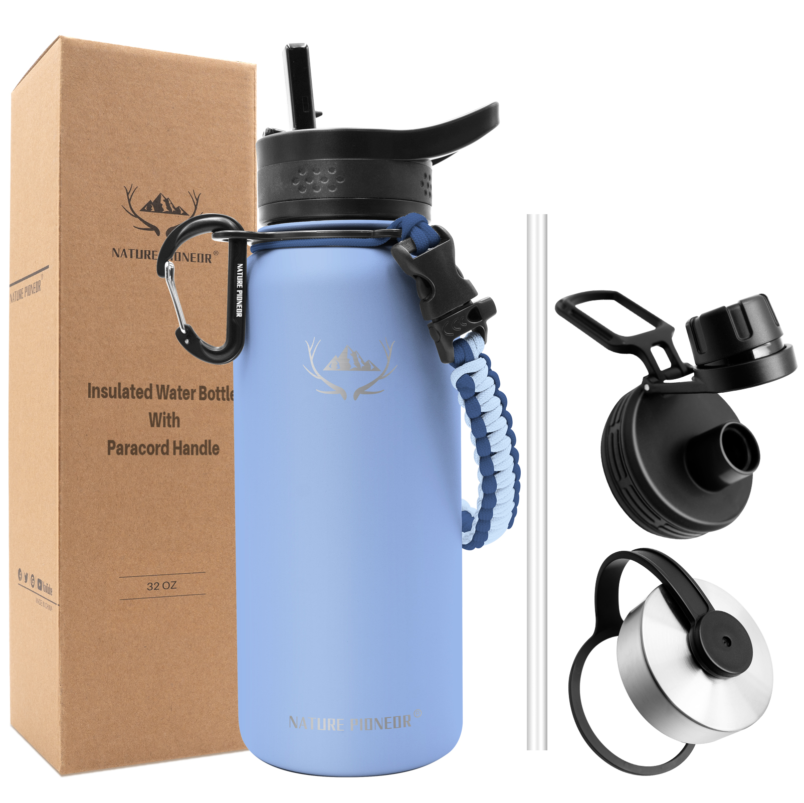 NATURE PIONEOR Isolierte Edelstahl-Wasserflasche – 1,2 L, Mit 3 Deckeln & Paracord-Griff – Hält 24h Heiß / 48h Kalt, BPA-frei