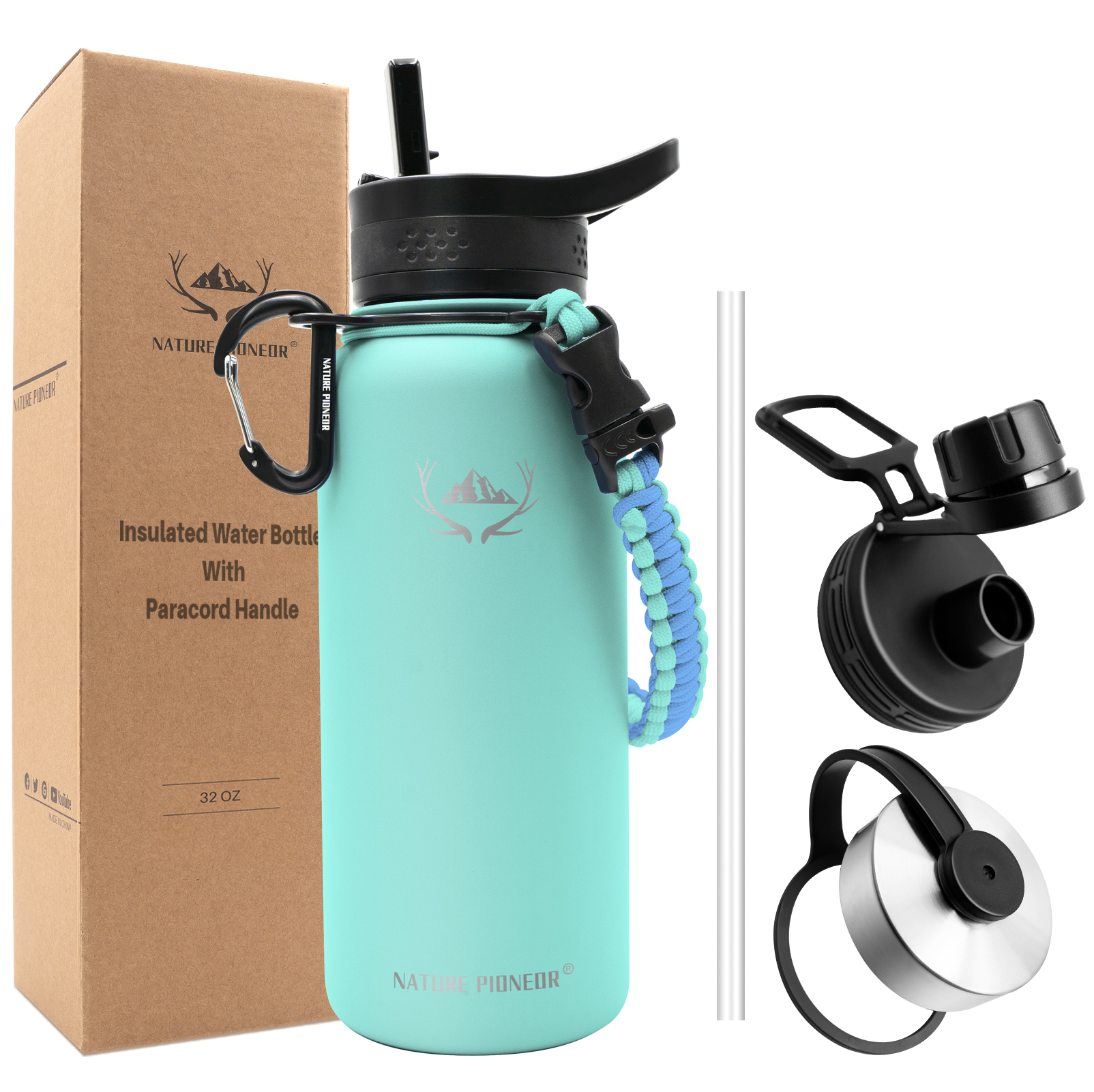 NATURE PIONEOR Insulated Water Bottles with Paracord Handle - 32 oz Vacuum Sports Wide Mouth Water Bottle with 3 Lids, Leak Proof Stainless Steel Keeps Hot and Cold