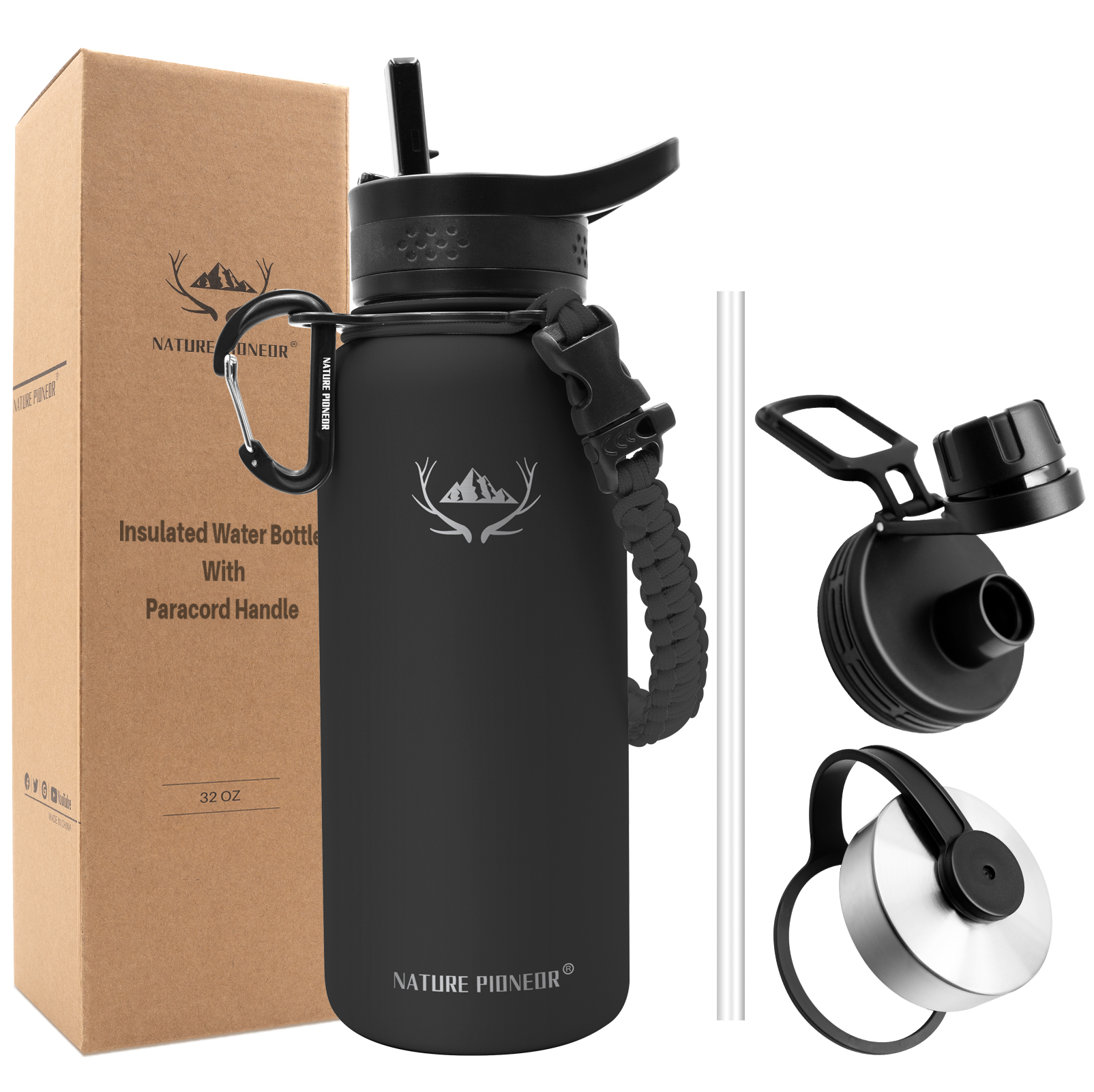 NATURE PIONEOR Insulated Water Bottles with Paracord Handle - 32 oz Vacuum Sports Wide Mouth Water Bottle with 3 Lids, Leak Proof Stainless Steel Keeps Hot and Cold
