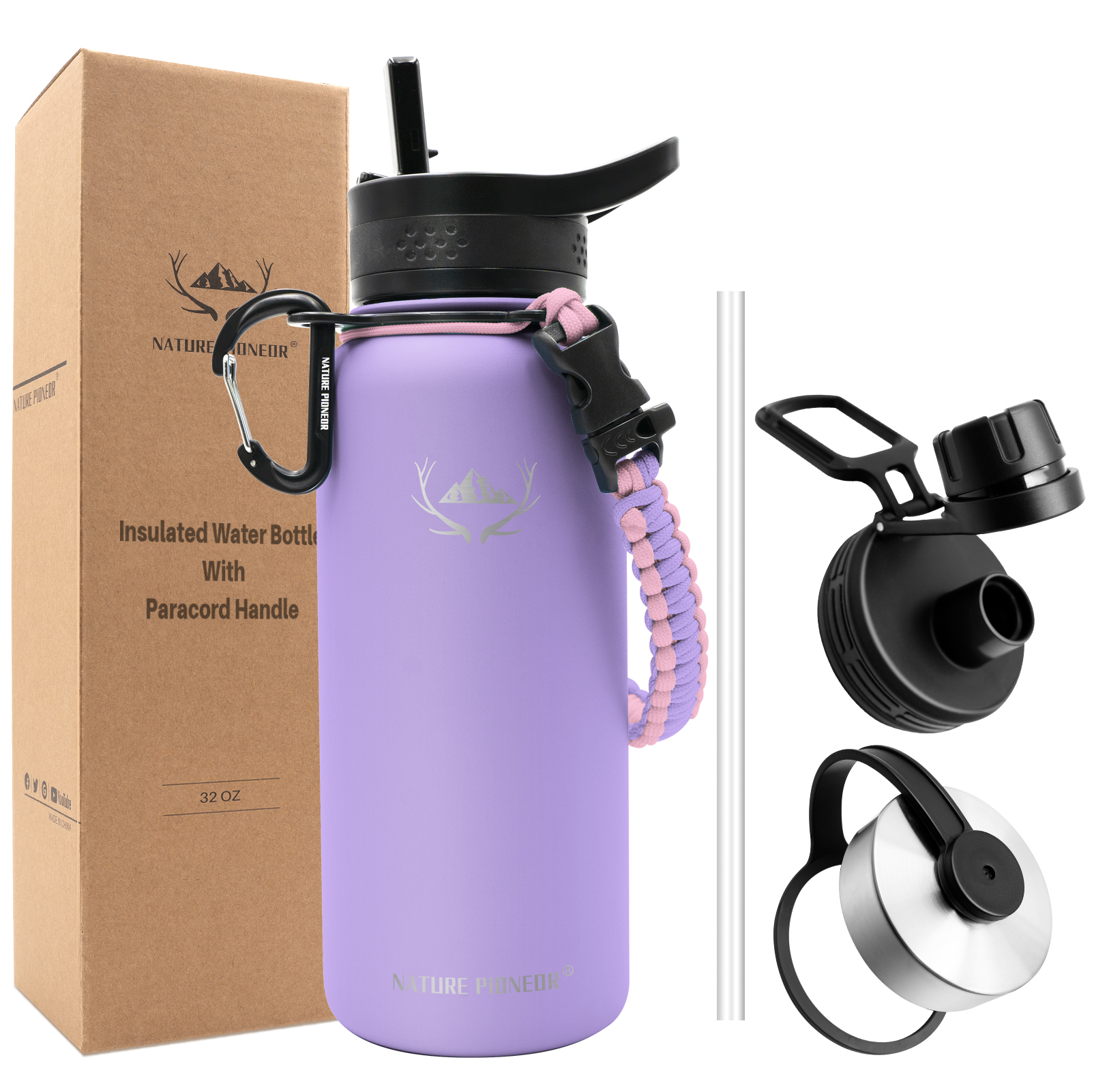 NATURE PIONEOR Insulated Water Bottles with Paracord Handle - 32 oz Vacuum Sports Wide Mouth Water Bottle with 3 Lids, Leak Proof Stainless Steel Keeps Hot and Cold