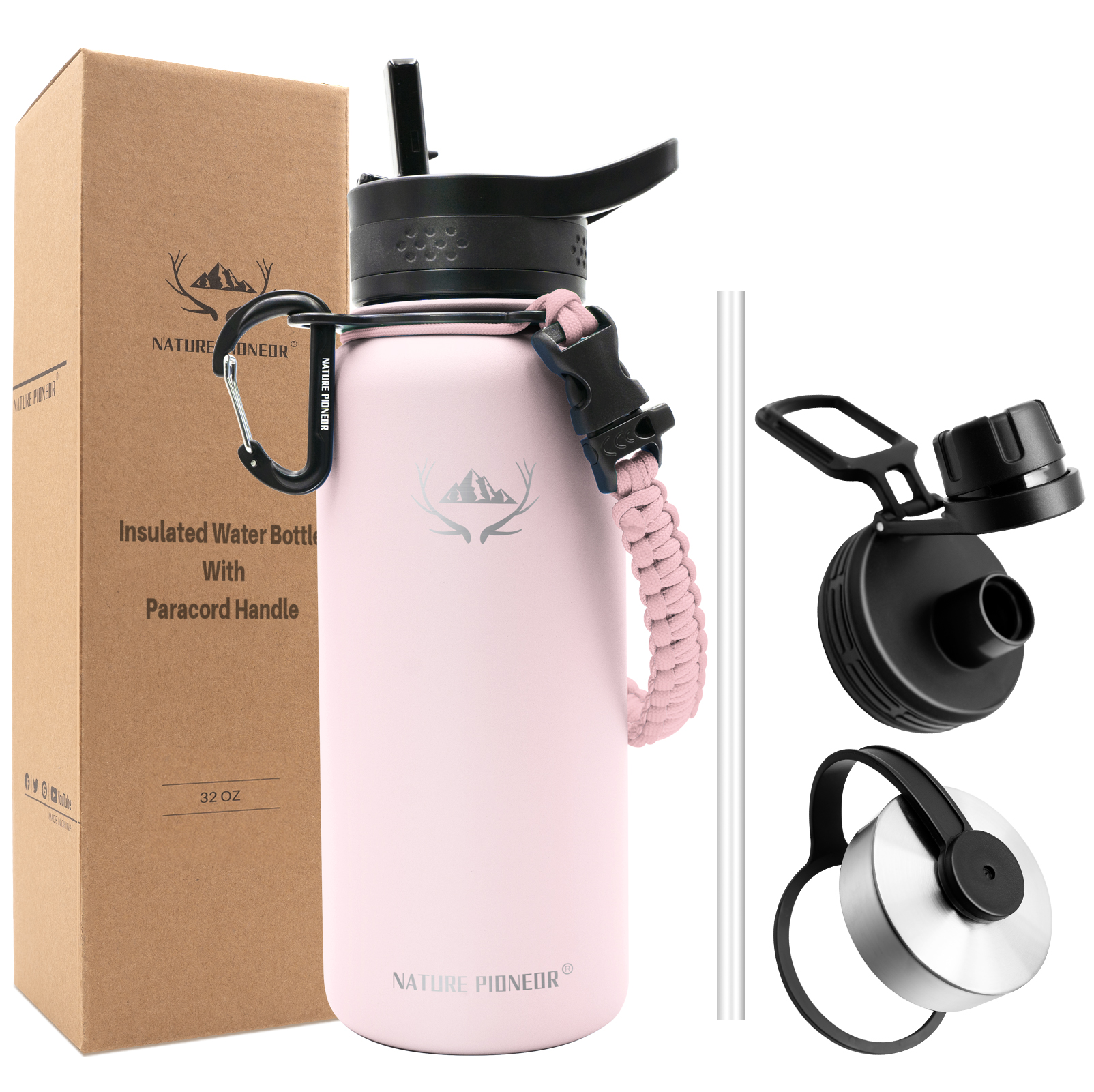 NATURE PIONEOR Insulated Water Bottles with Paracord Handle - 32 oz Vacuum Sports Wide Mouth Water Bottle with 3 Lids, Leak Proof Stainless Steel Keeps Hot and Cold