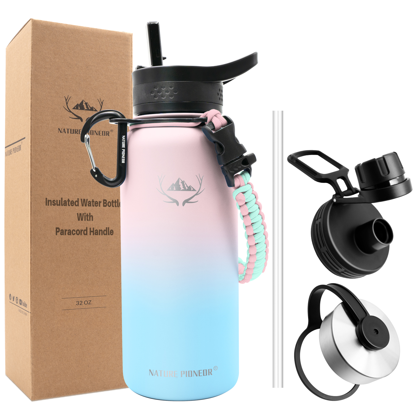 NATURE PIONEOR Insulated Water Bottles with Paracord Handle - 32 oz Vacuum Sports Wide Mouth Water Bottle with 3 Lids, Leak Proof Stainless Steel Keeps Hot and Cold