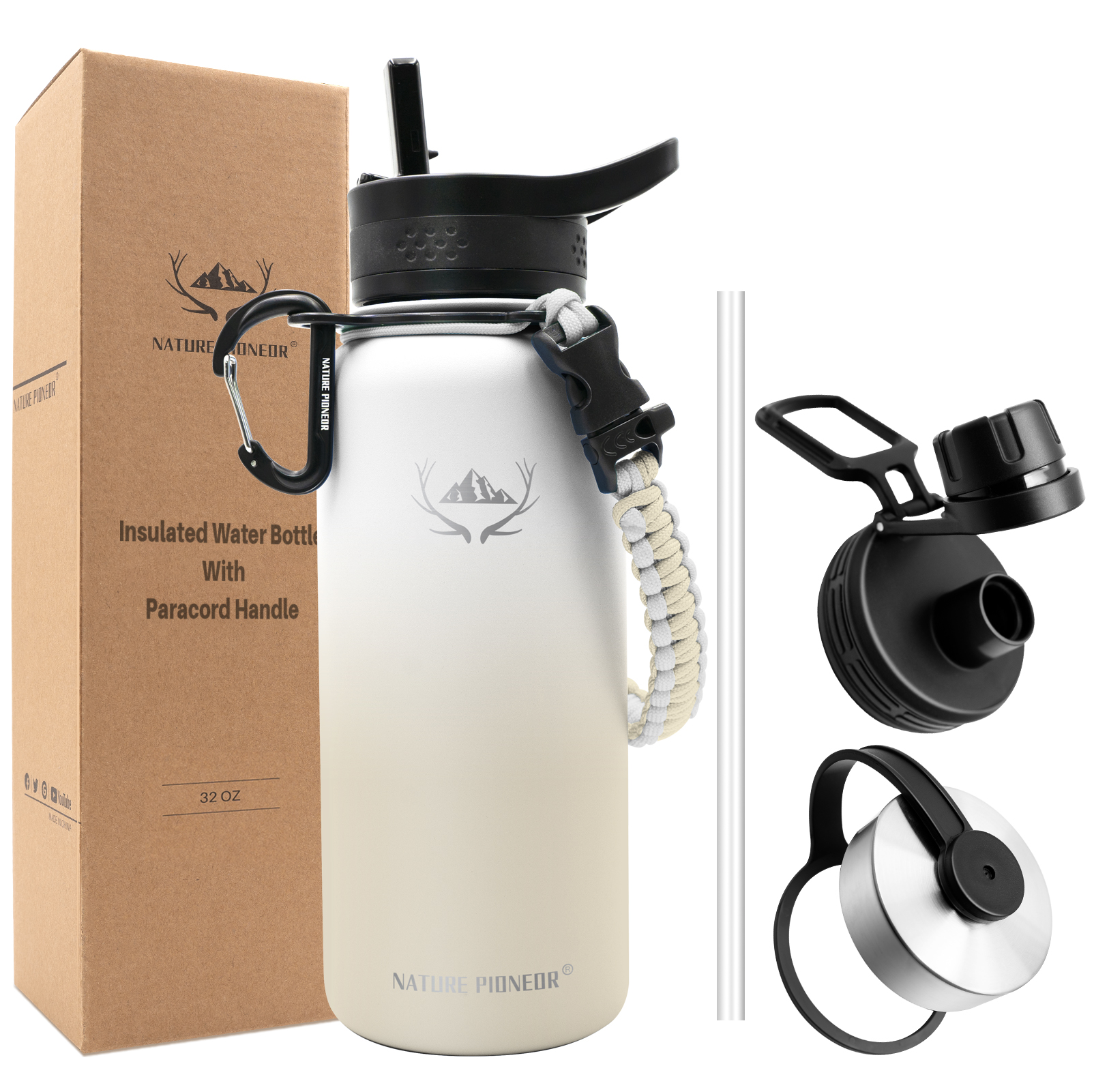NATURE PIONEOR Insulated Water Bottles with Paracord Handle - 32 oz Vacuum Sports Wide Mouth Water Bottle with 3 Lids, Leak Proof Stainless Steel Keeps Hot and Cold