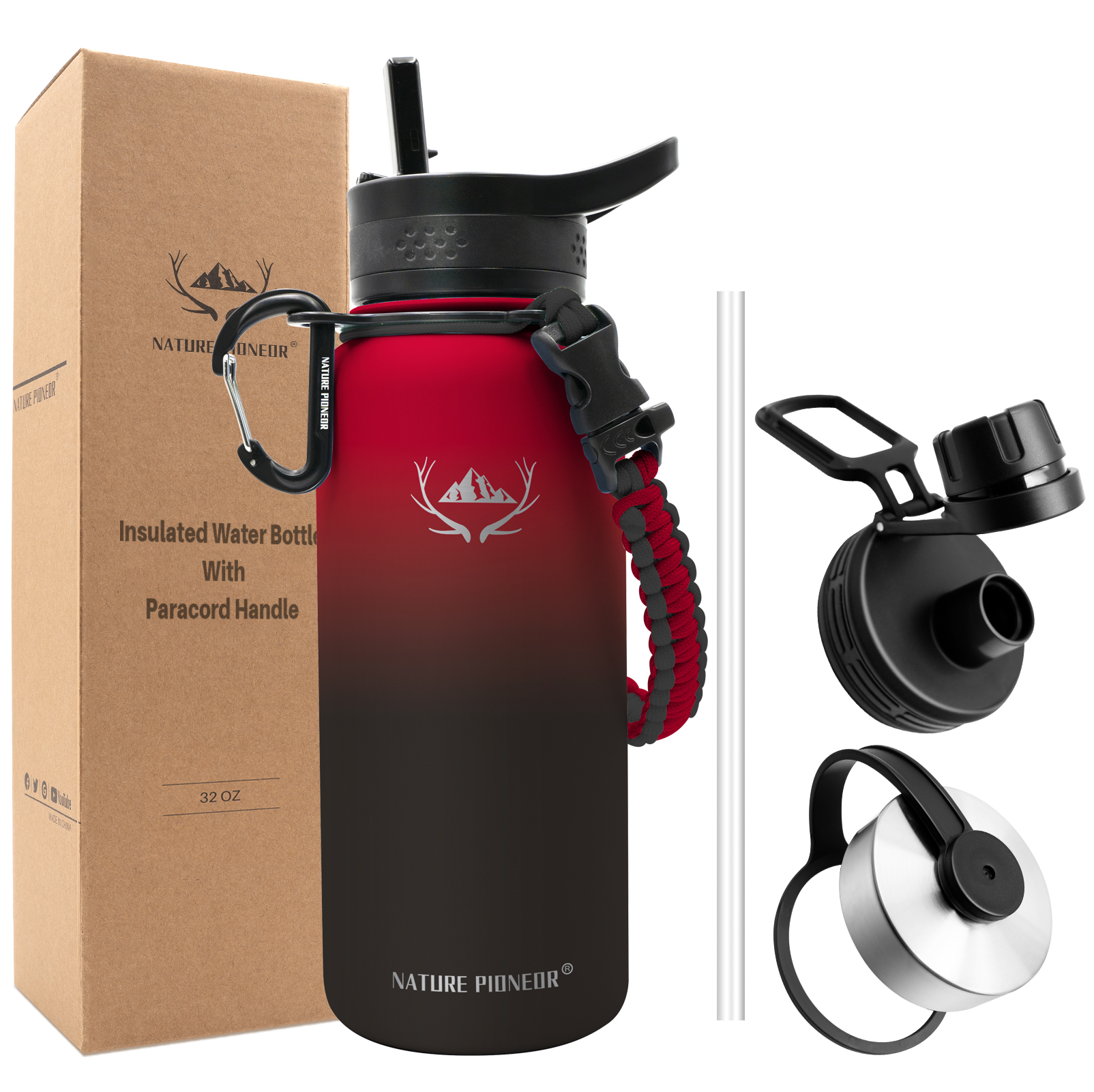 NATURE PIONEOR Insulated Water Bottles with Paracord Handle - 32 oz Vacuum Sports Wide Mouth Water Bottle with 3 Lids, Leak Proof Stainless Steel Keeps Hot and Cold