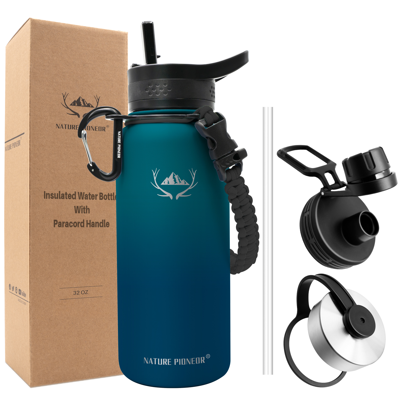 NATURE PIONEOR Insulated Water Bottles with Paracord Handle - 32 oz Vacuum Sports Wide Mouth Water Bottle with 3 Lids, Leak Proof Stainless Steel Keeps Hot and Cold