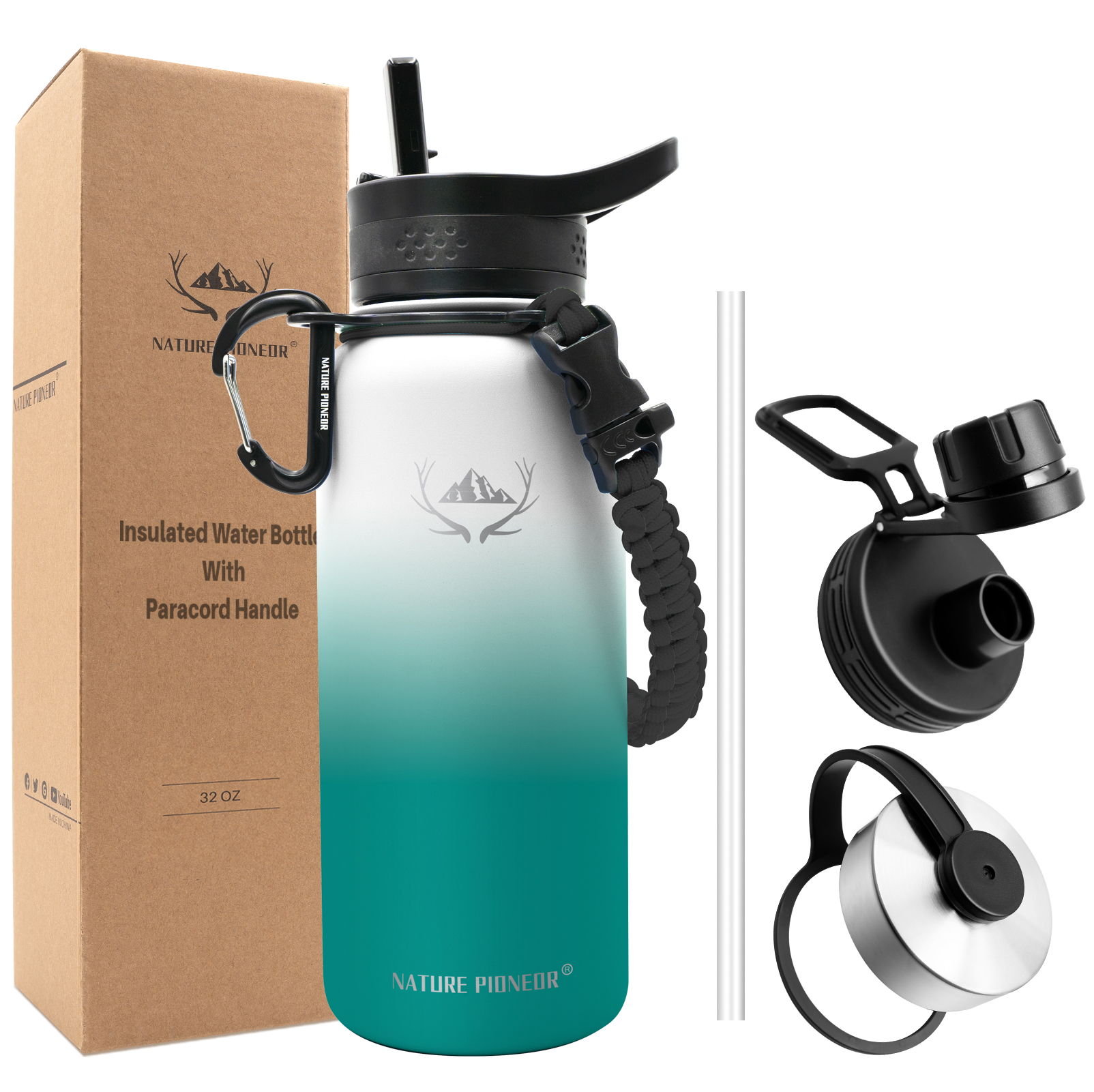 NATURE PIONEOR Insulated Water Bottles with Paracord Handle - 32 oz Vacuum Sports Wide Mouth Water Bottle with 3 Lids, Leak Proof Stainless Steel Keeps Hot and Cold