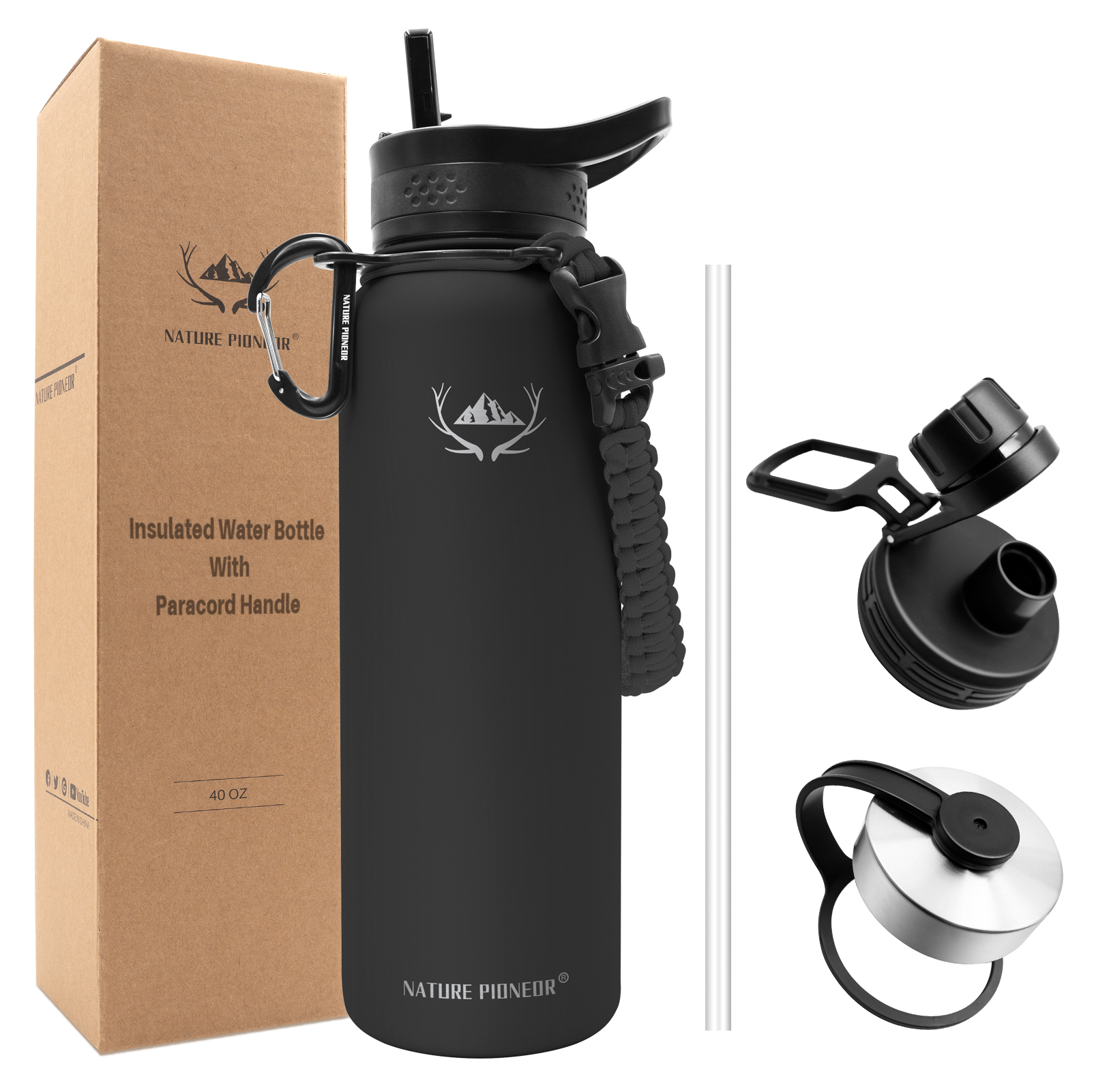 NATURE PIONEOR Insulated Water Bottles with Paracord Handle - 40 oz Vacuum Sports Wide Mouth Water Bottle with 3 Lids, Leak Proof Stainless Steel Keeps Hot and Cold